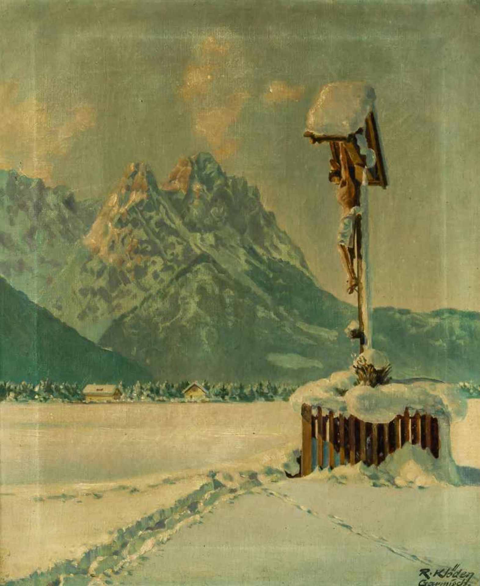 Wegkreuz im Winter Öl / Leinwand, rechts unten signiert "R. Klöden Garmisch" 61 x 50 cm, mit