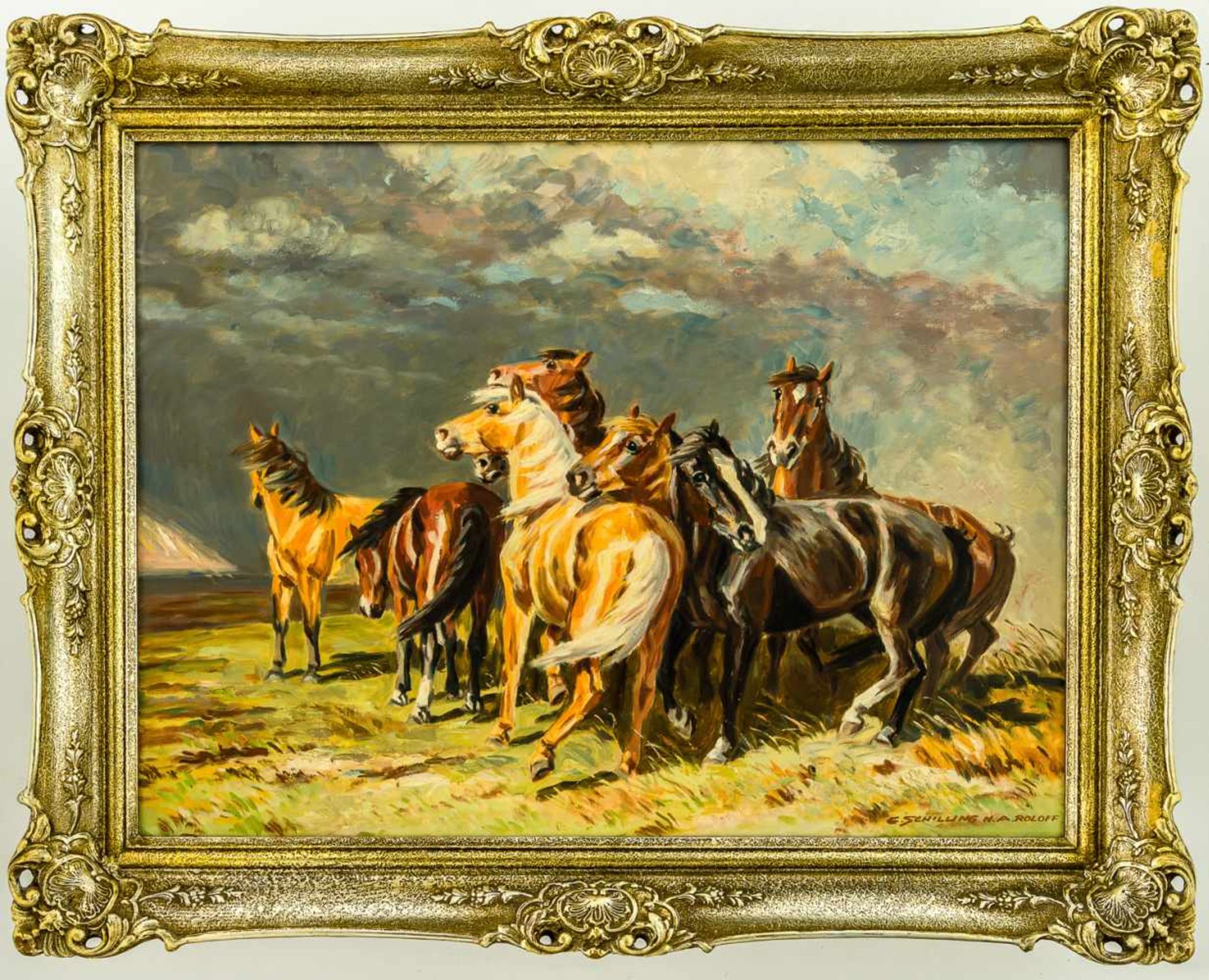 Pferde Öl / Leinwand, rechts unten signiert "E. Schilling N. A. Roloff" 60,5 x 80 cm, mit Rahmen - Bild 2 aus 2