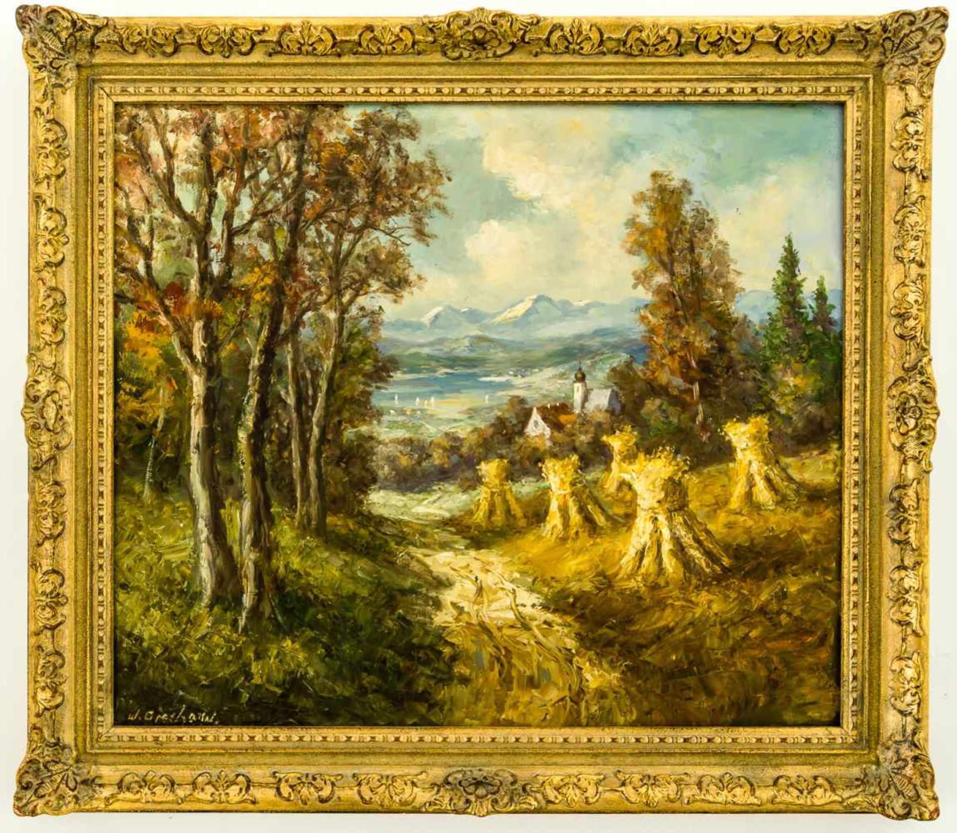 Landschaft mit Kornhocken Öl/ Leinwand, links unten "W. Grechow" signiert 60,5 x 70 cm, mit Rahmen - Bild 2 aus 2