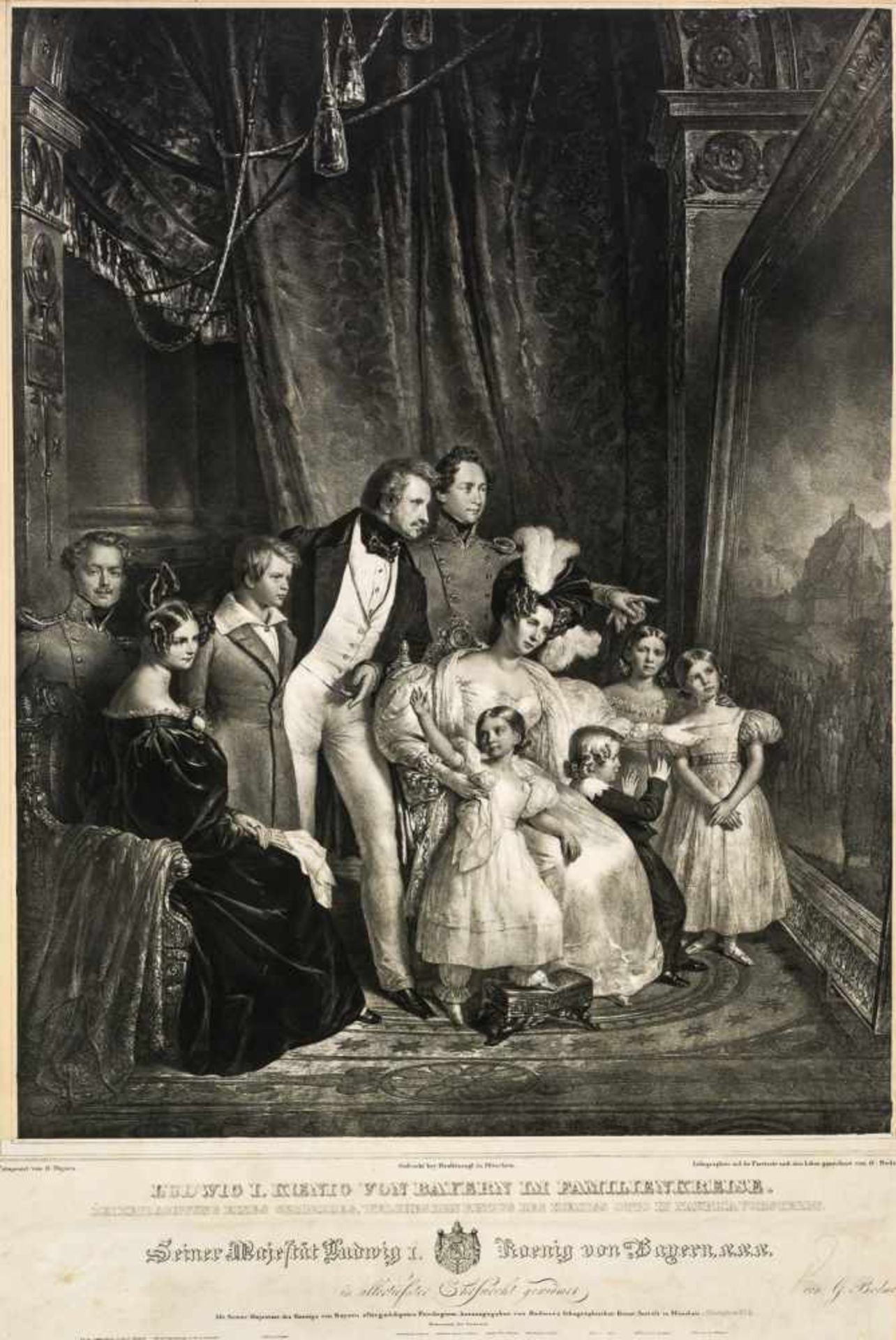 König Ludwig I. betrachtet mit seiner Familie das Gemälde von Peter von Heß, welches den Einzug
