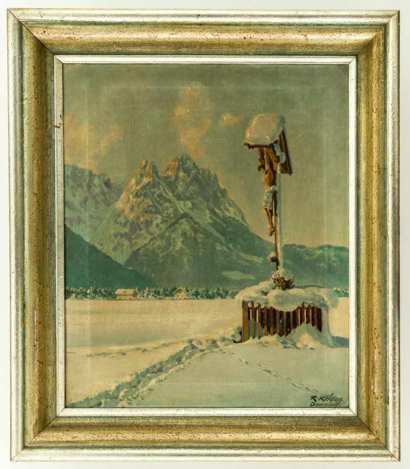 Wegkreuz im Winter Öl / Leinwand, rechts unten signiert "R. Klöden Garmisch" 61 x 50 cm, mit - Image 2 of 2