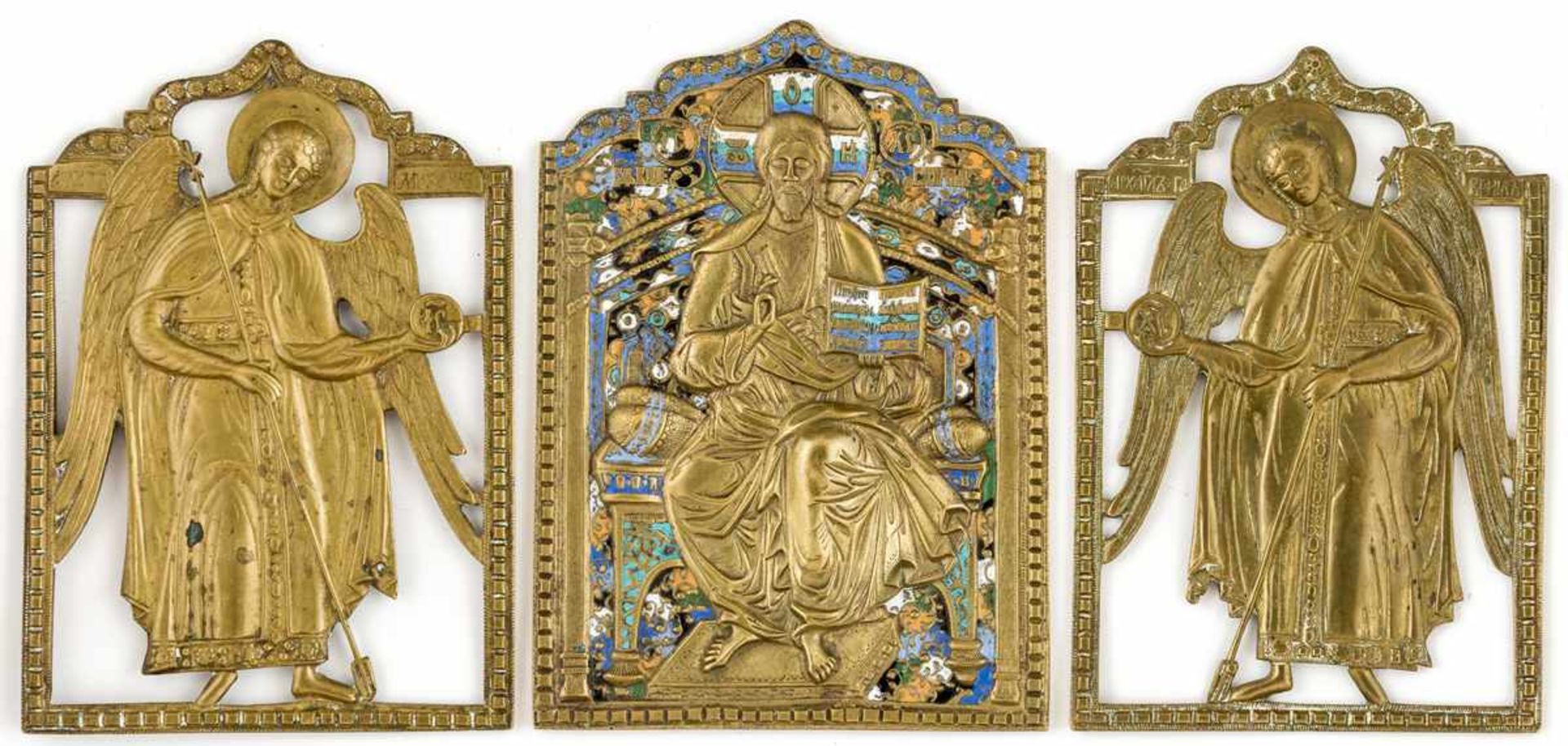 Christus Pantokrator mit den Erzengeln Michael und Gabriel Russische Bronze-Ikonen, 19. Jh.