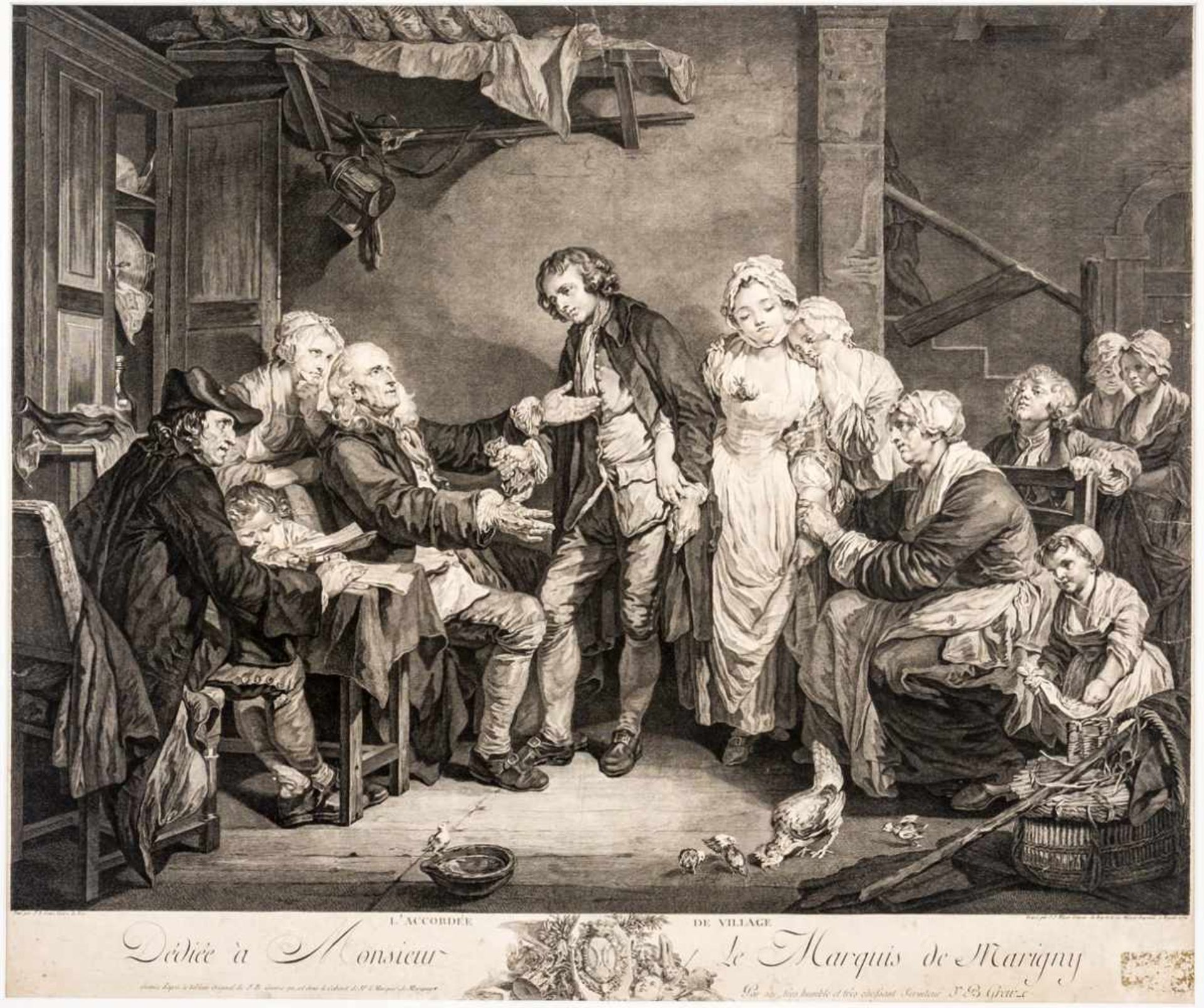 Der Ehevertrag Kupferstich von Jean Jacques Flipart (1719 - 1782) nach einem Gemälde von Jean