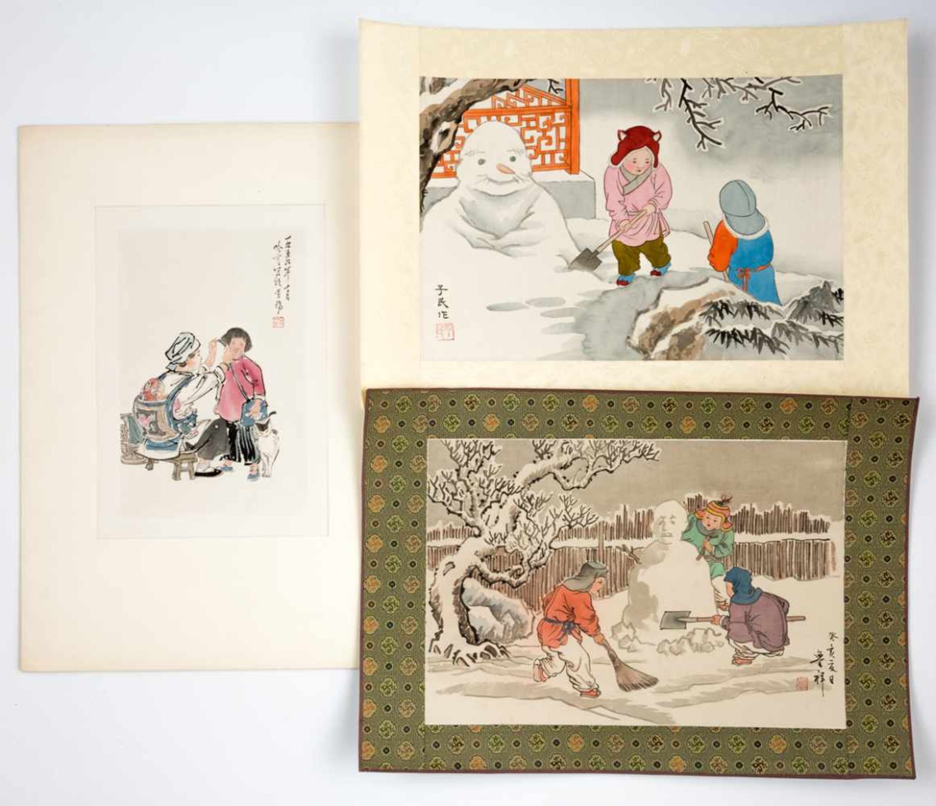 Konvolut chinesische DarstellungenMutter kämmt ihr KindChinesischer Original HolzschnittBlattgröße