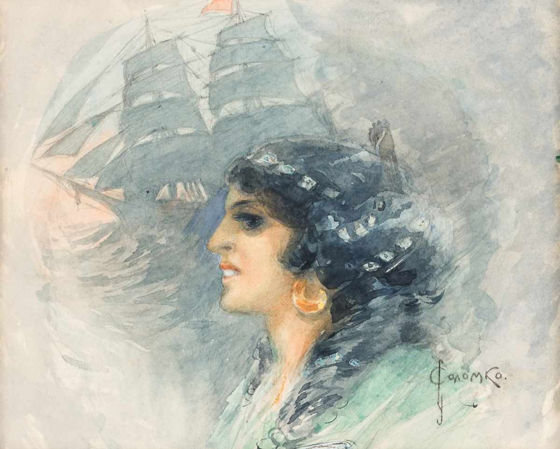 Sergei Solomko (1859-1926) Portrait einer jungen Frau mit Segelschiff im Hintergrund Aquarell /