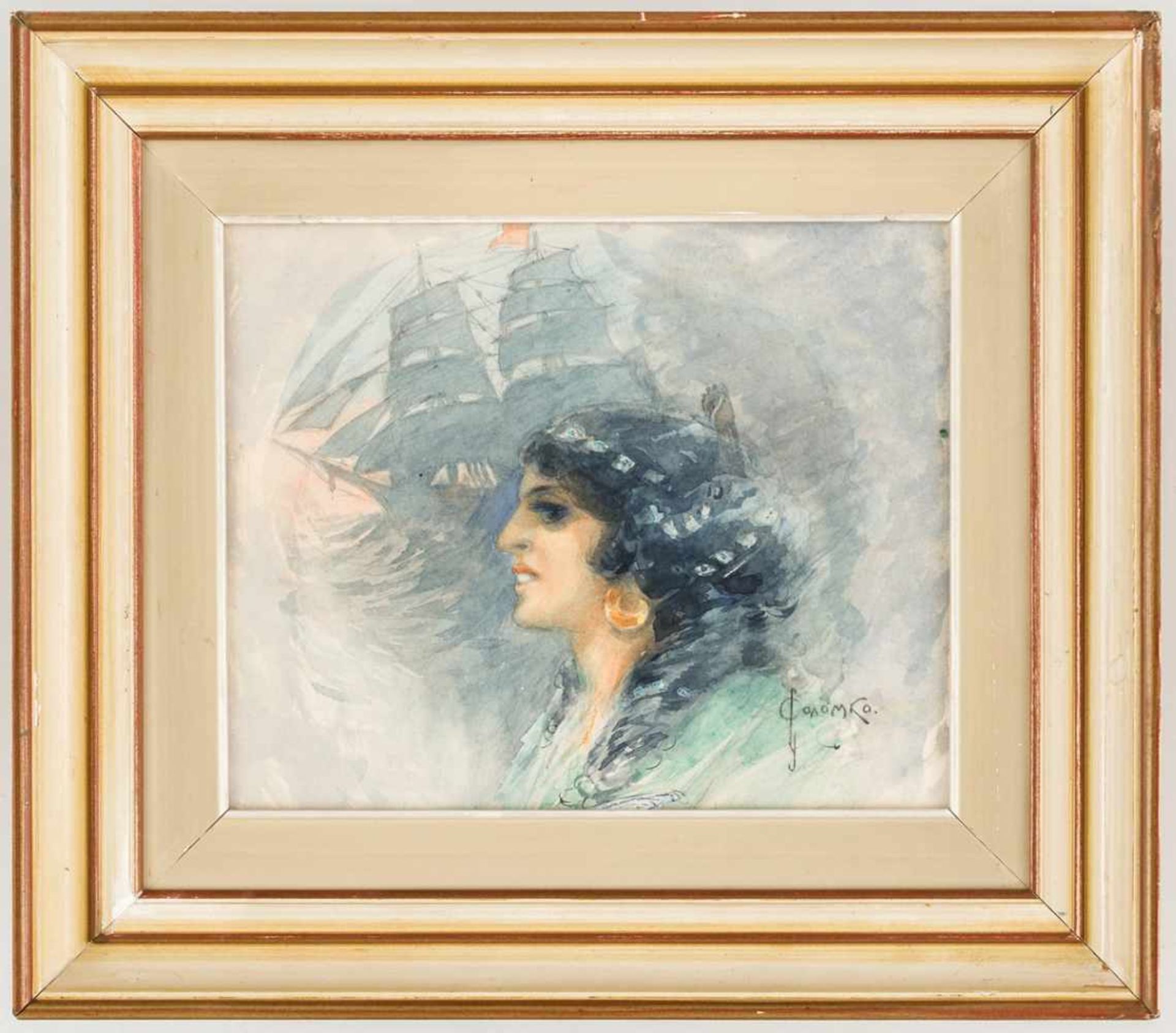 Sergei Solomko (1859-1926) Portrait einer jungen Frau mit Segelschiff im Hintergrund Aquarell / - Bild 2 aus 2