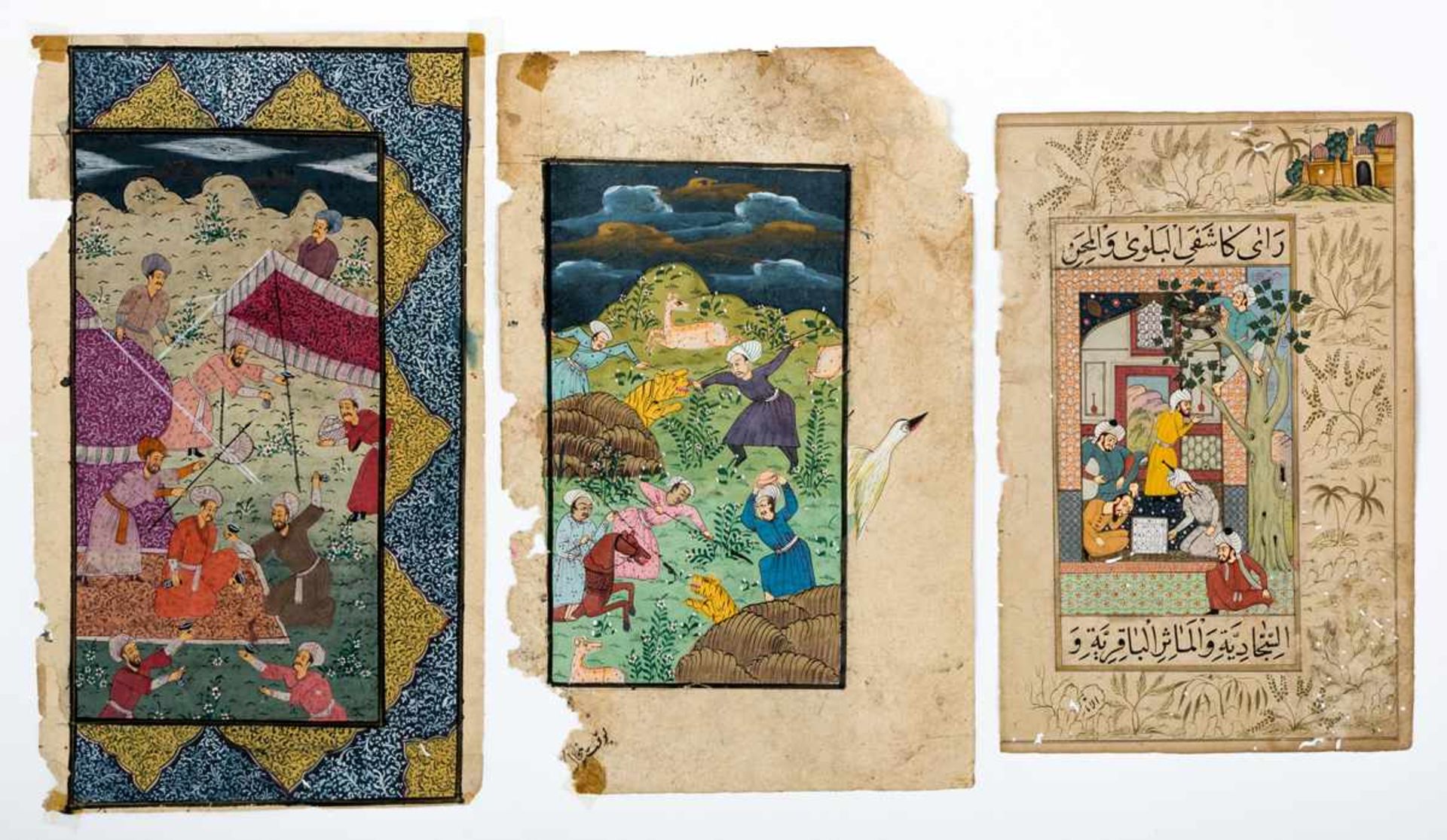 3 indische Miniaturmalereienverschiedene Motive, wohl Gouache auf Papier (rückseitig beschriftet)