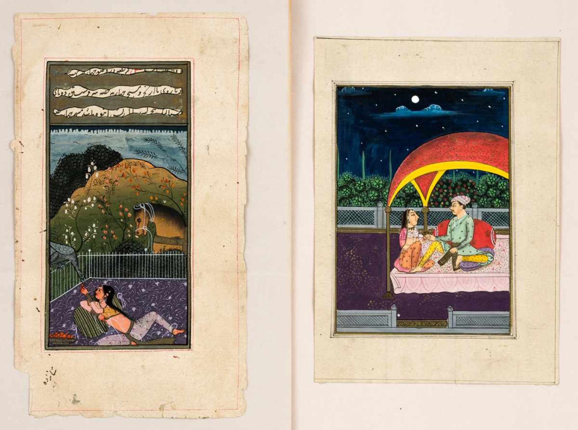 2 indische Miniaturmalereienverschiedene Motive, wohl Gouache auf Papier (links rückseitig