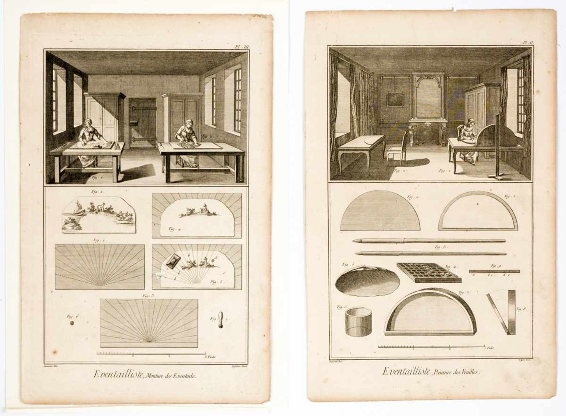 Eventailliste = Fächermacher 2 Kupferstiche aus der großen französischen Enzyklopädie von Diderot