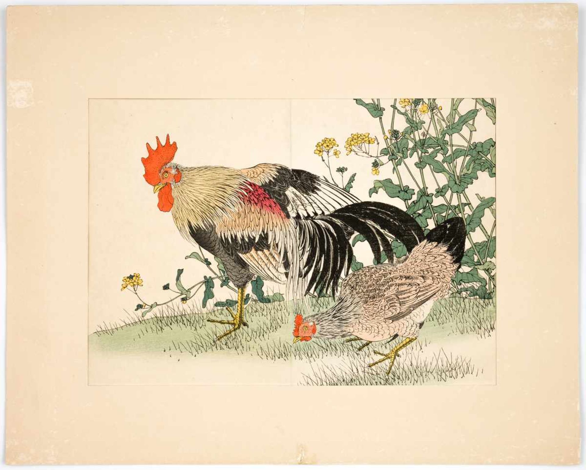 Iamo Keinen (1845-1924) Hahn und Henne Orig. japanischer Holzschnitt aus "Blumen und Vögel, in