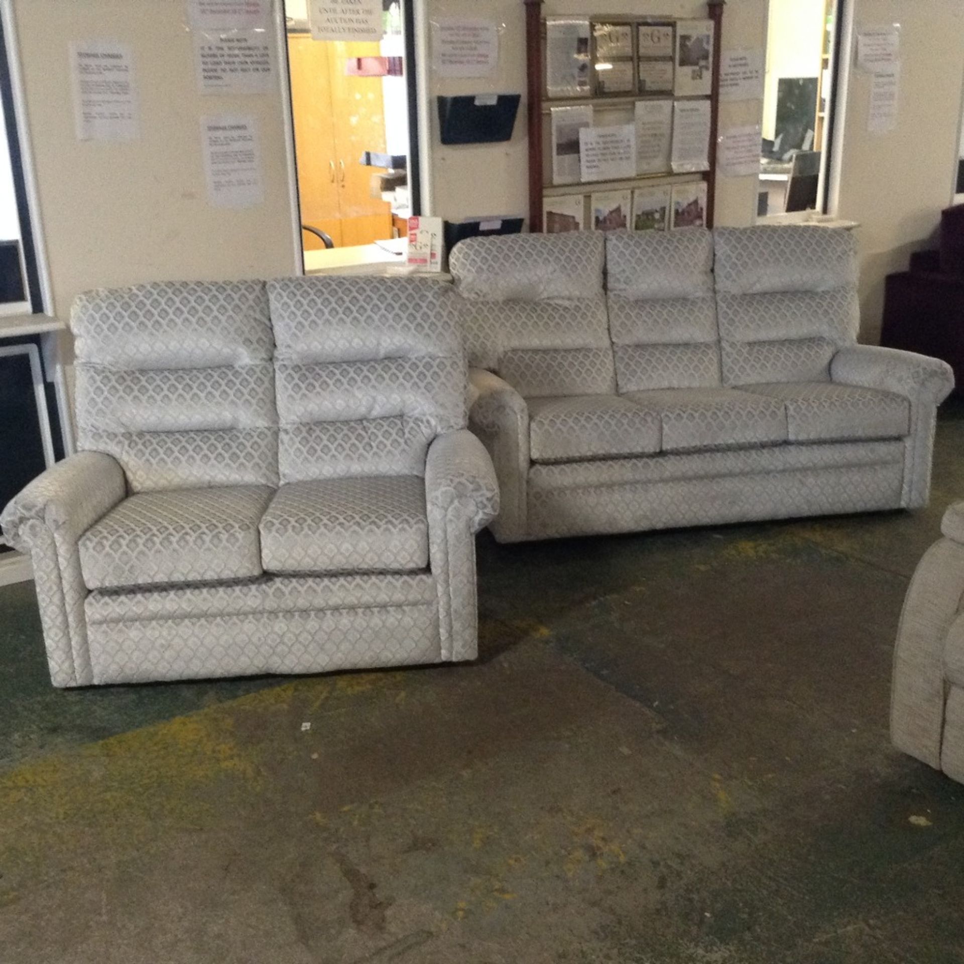 SILVER PATTERNED HIGH BACK 3 SEATER SOFA AND 2 SEA