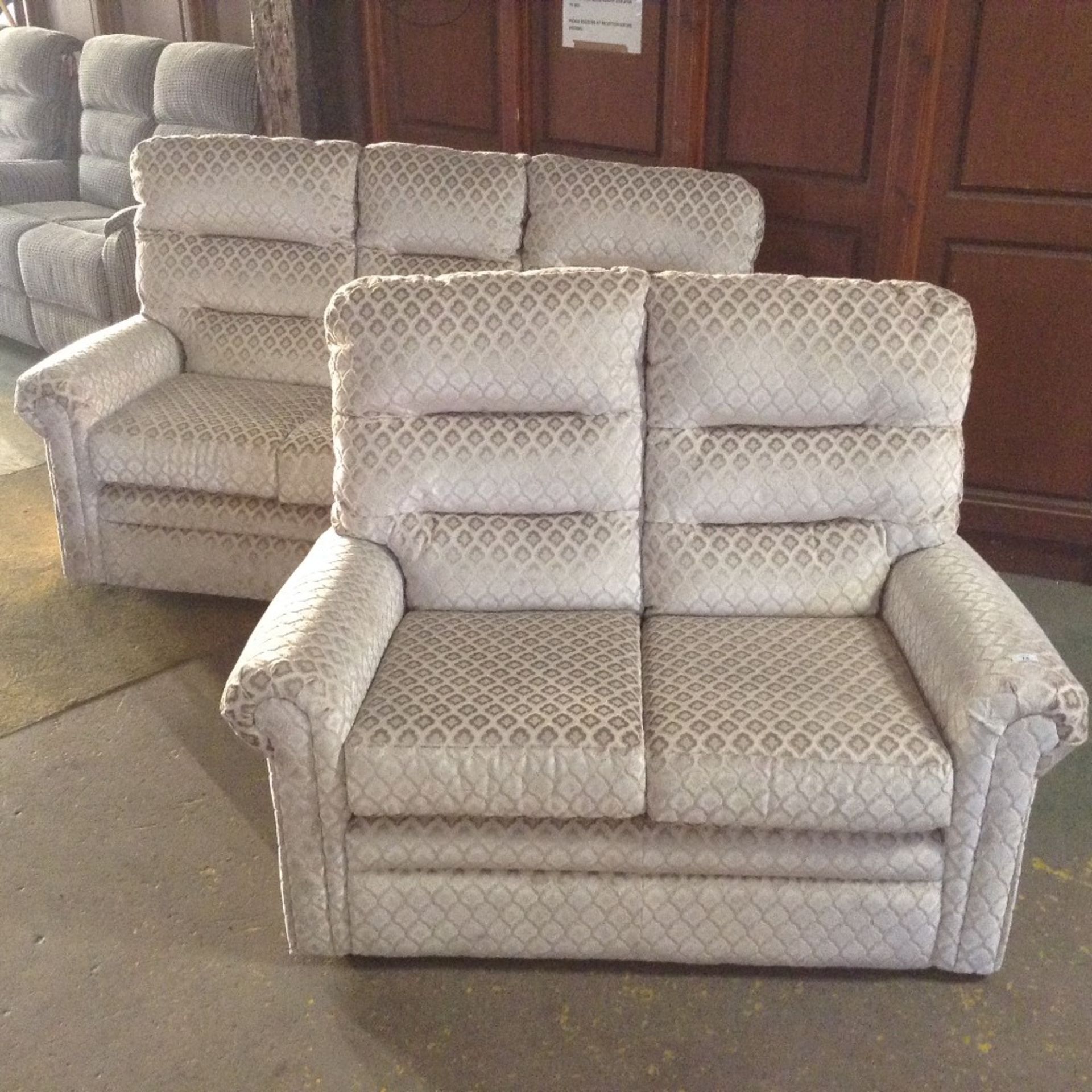 CREAM PATTERNED HIGH BACK 3 SEATER SOFA AND HIGH B