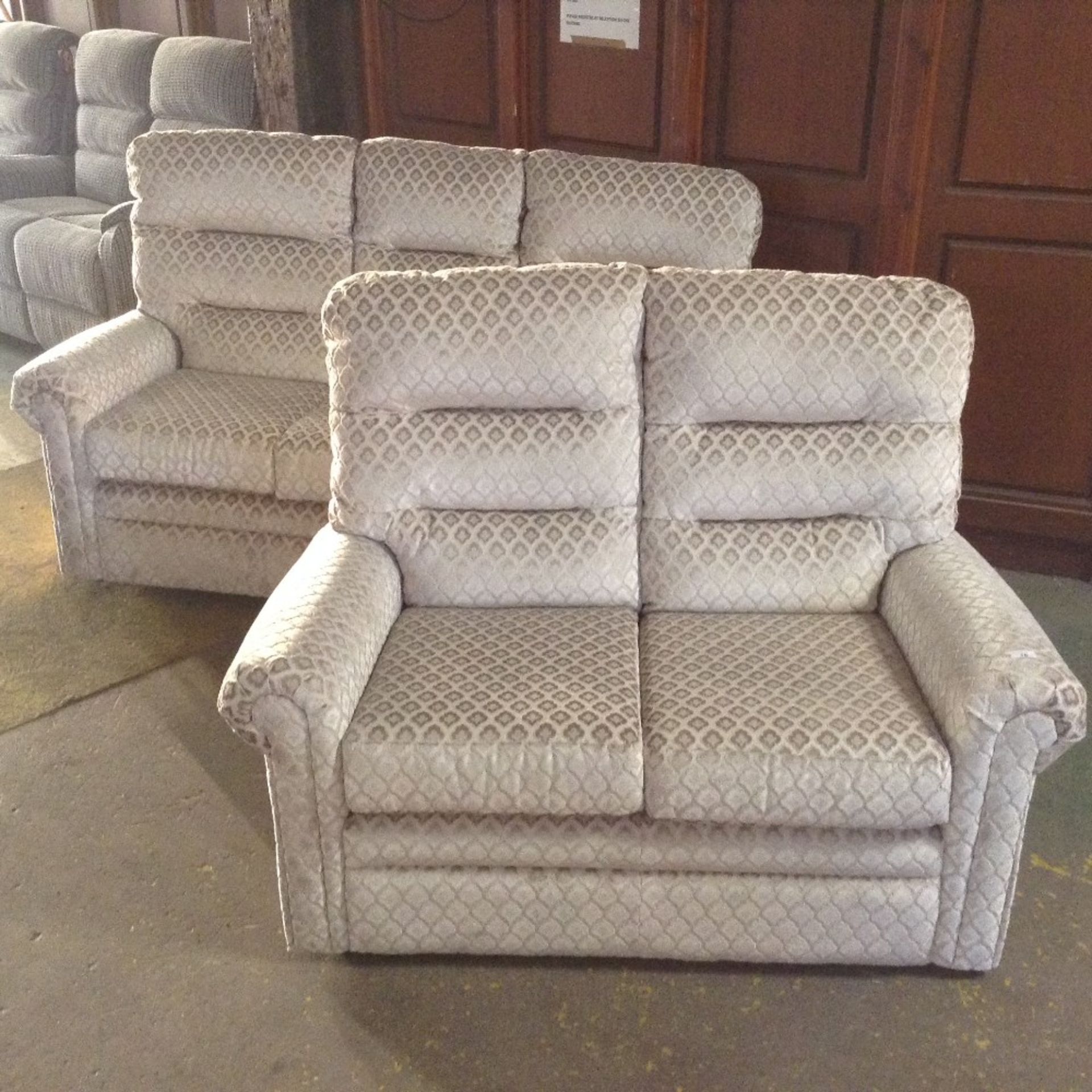 CREAM PATTERNED HIGH BACK 3 SEATER SOFA AND HIGH B