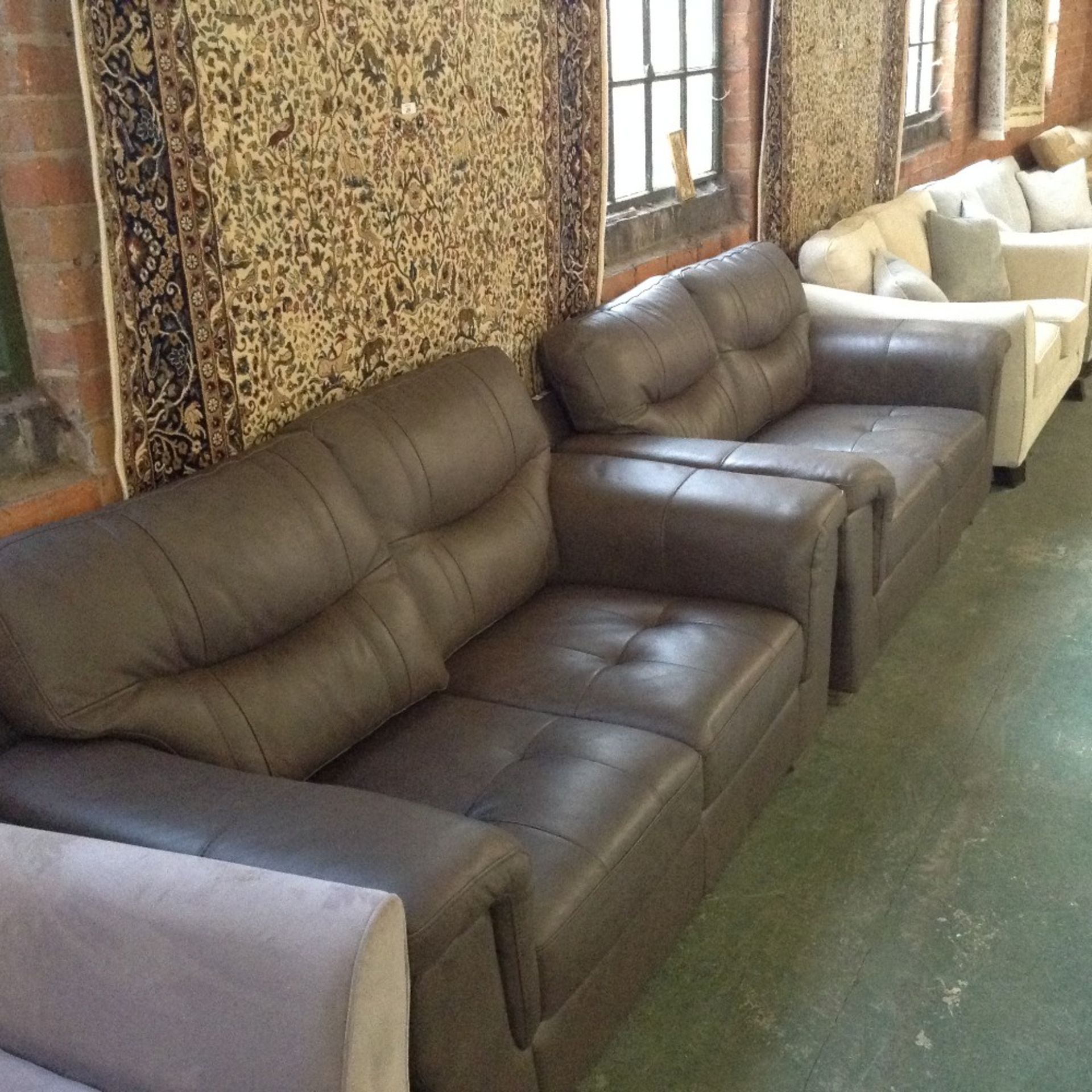 2 X GREY LEATHER TWO SEATER SOFAS