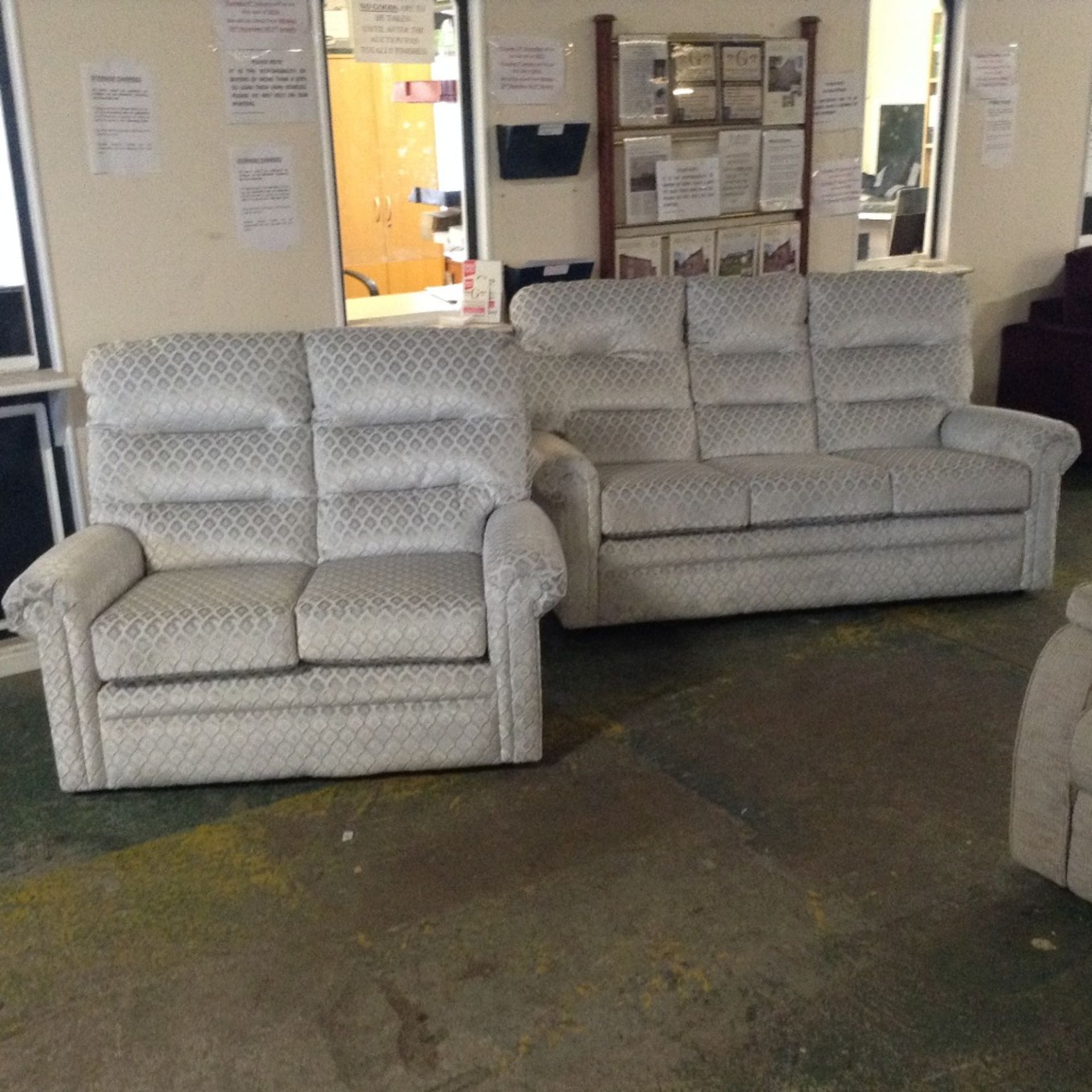 SILVER PATTERNED HIGH BACK 3 SEATER SOFA AND 2 SEA