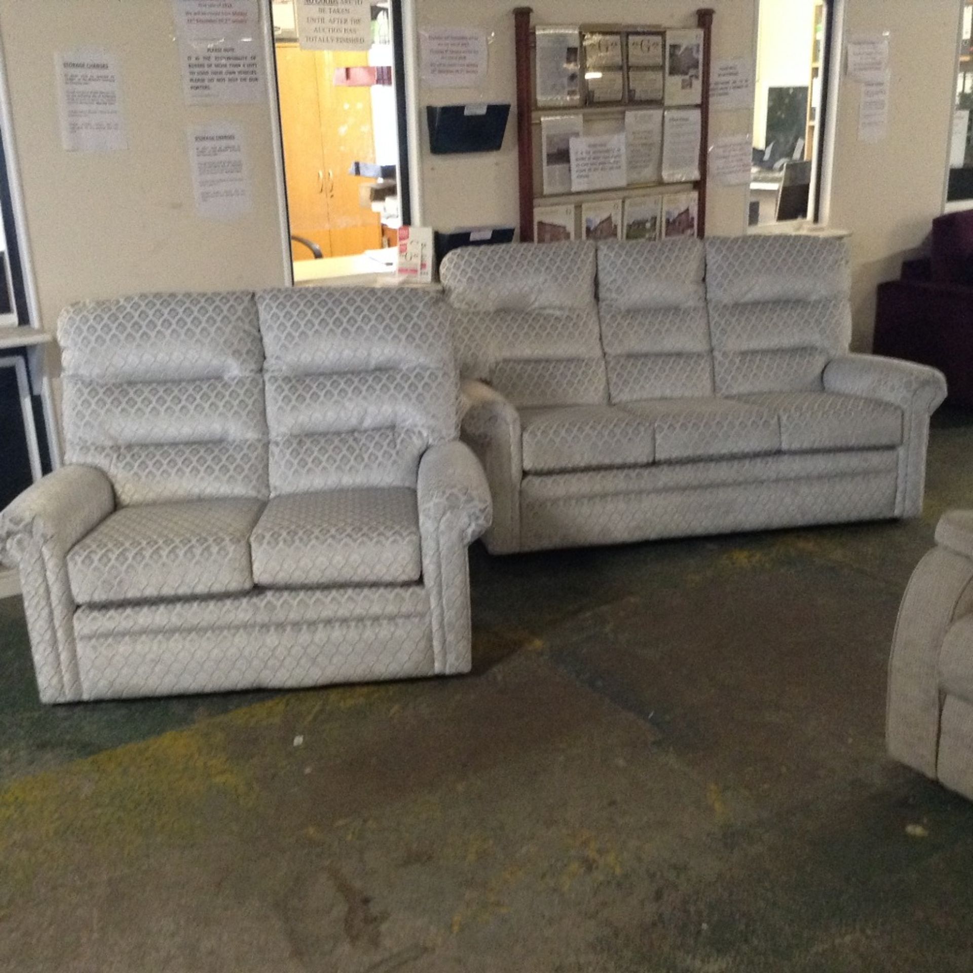SILVER PATTERNED HIGH BACK 3 SEATER SOFA AND 2 SEA