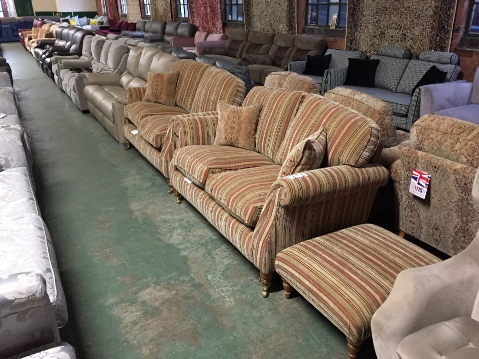 2 X MULTI COLOURED STRIPED 2 SEATER SOFAS AND FOOT