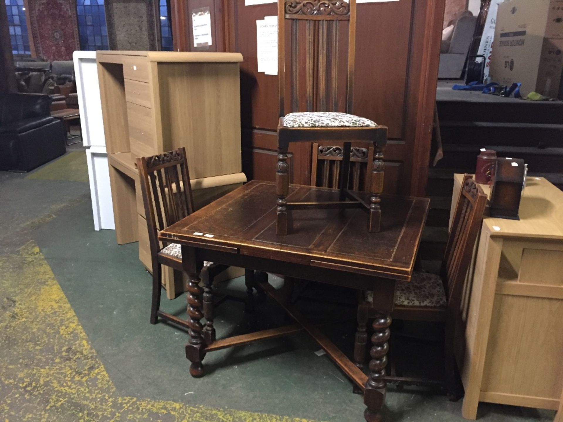 BARLEY TWIST DRAWER LEAF EXTENDING TABLE AND FOUR