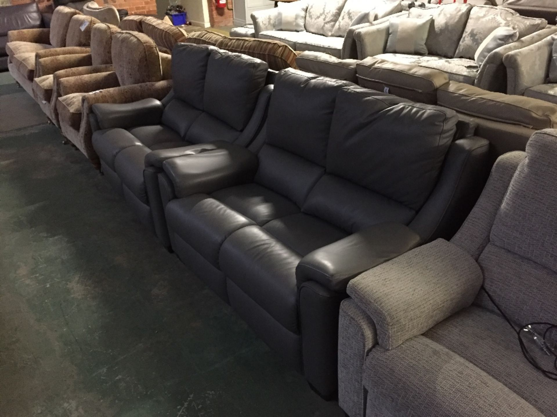 2 GREY LEATHER 2 SEATER SOFAS (TROO1057-WOOO76380-