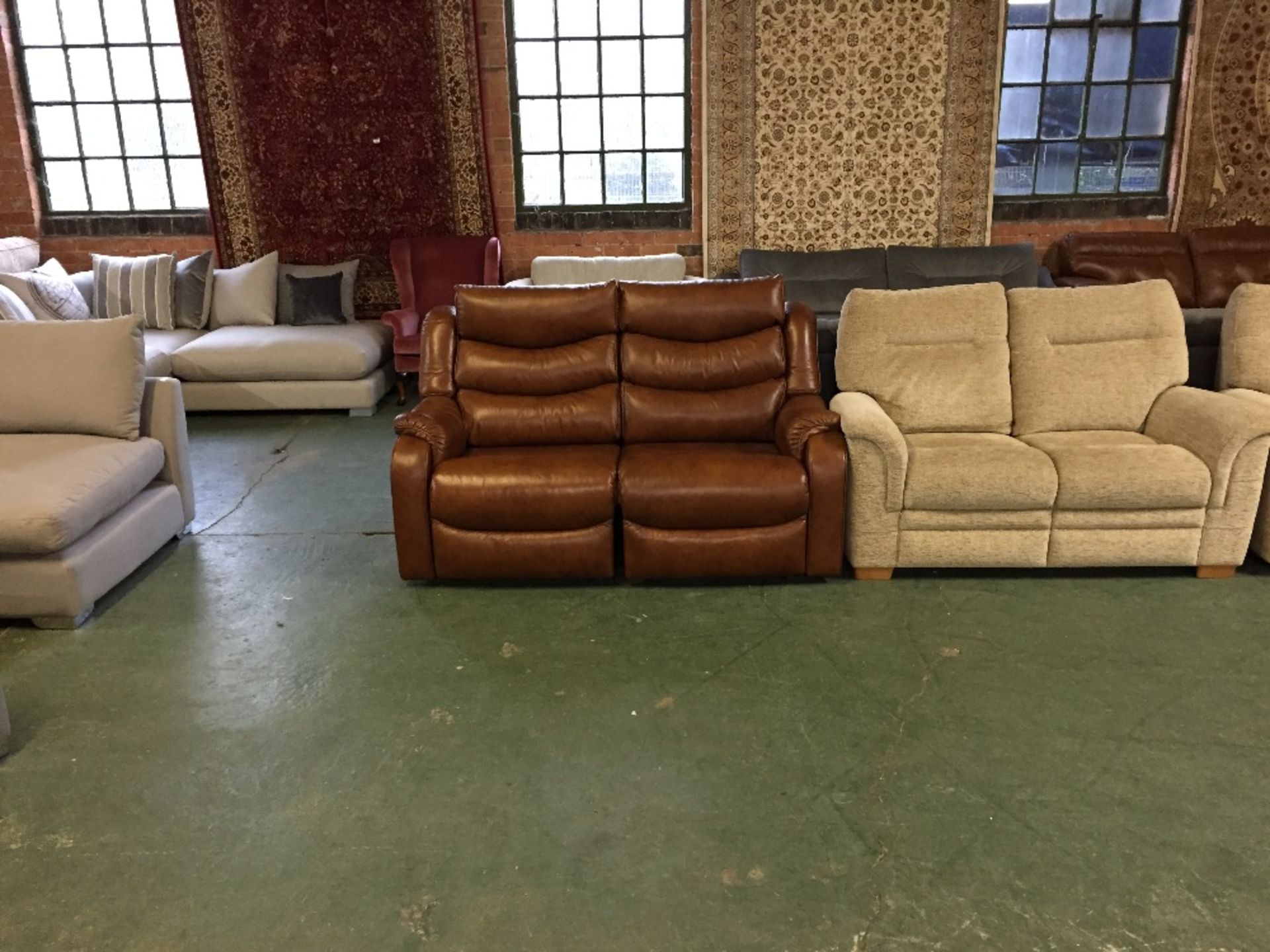 BROWN LEATHER MANUAL RECLINING LARGE 2 SEATER SOFA