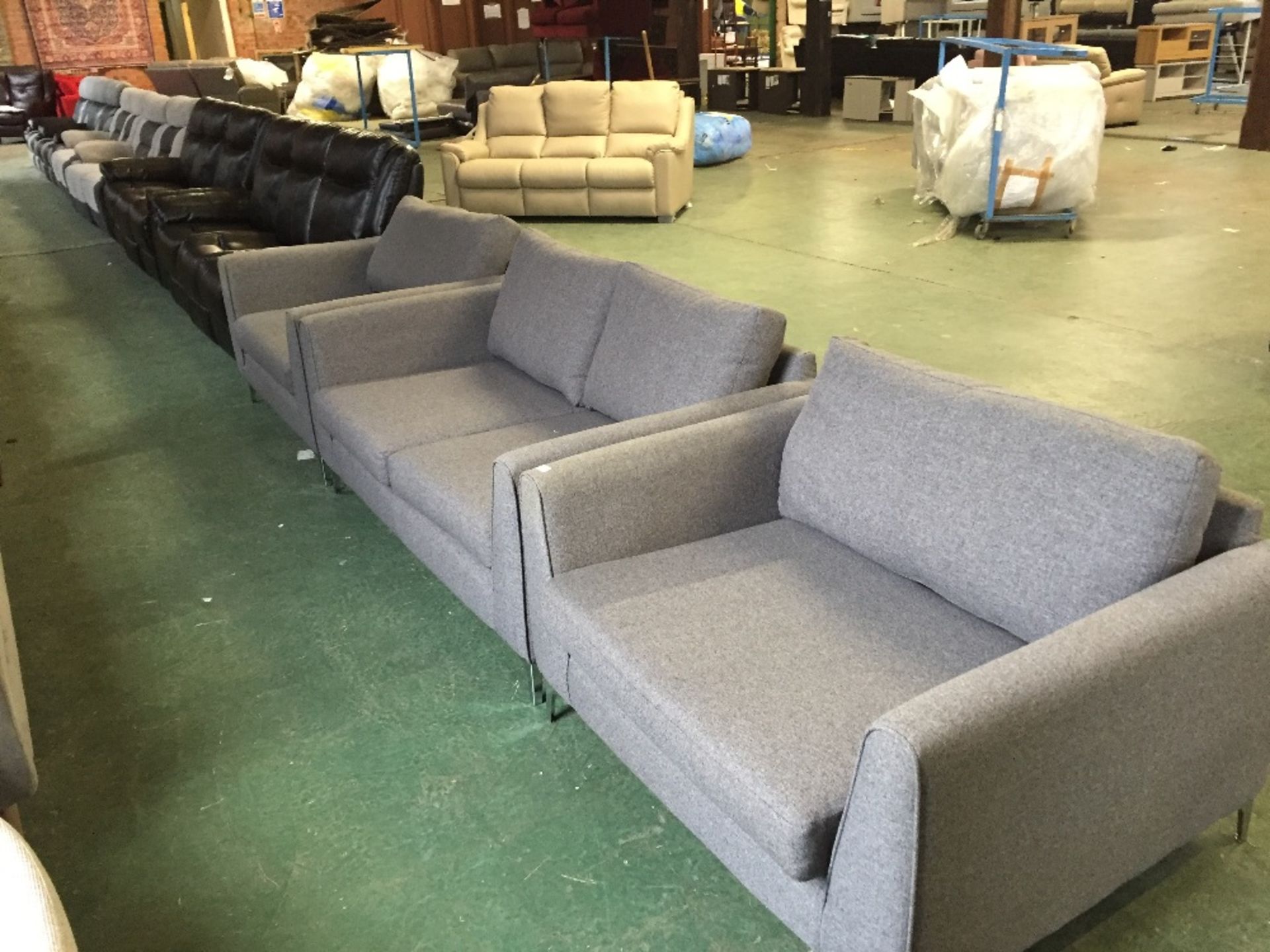 GREY 2 SEATER SOFA AND 2 X TWO SNUG CHAIRS