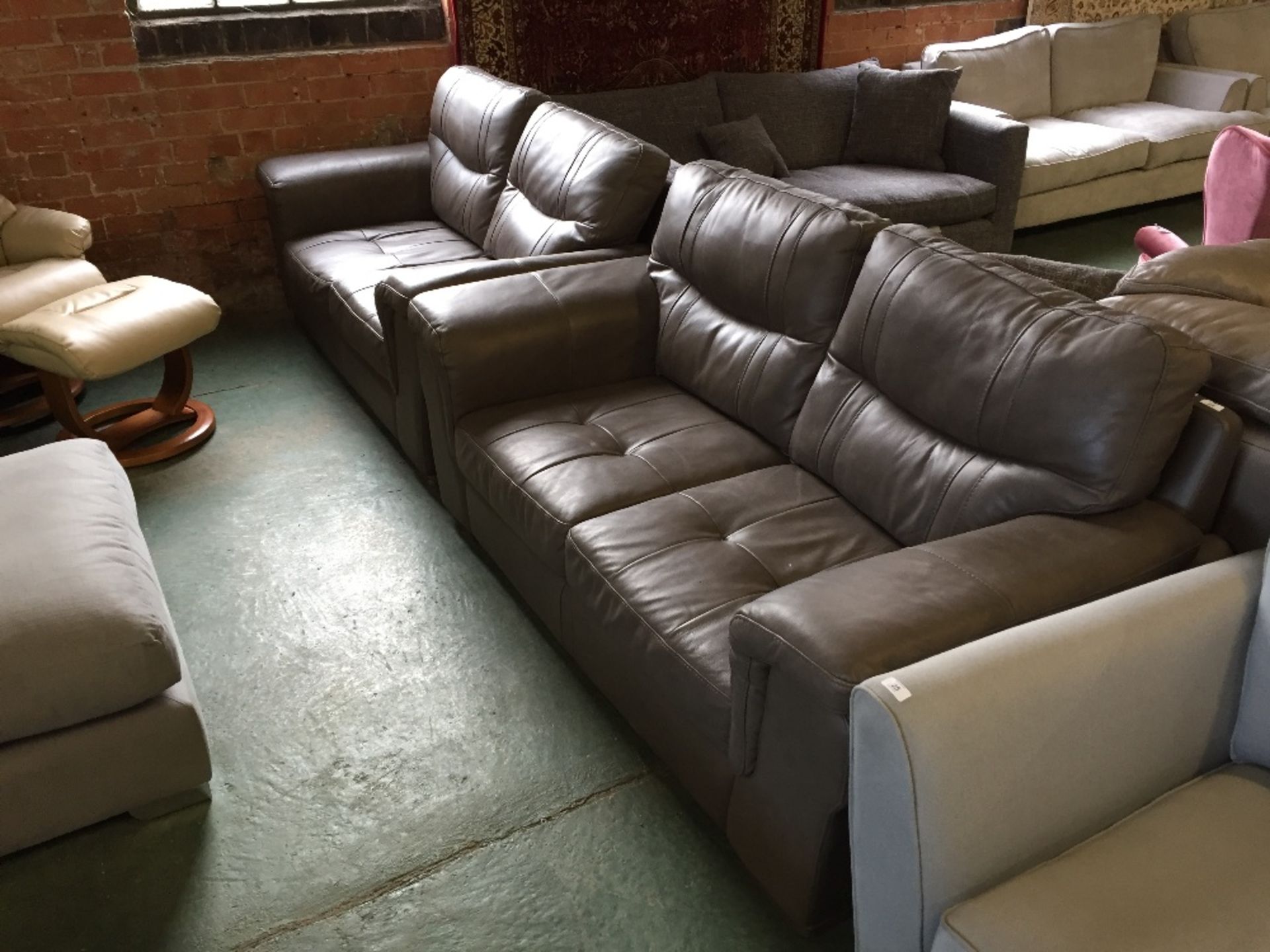 2X GREY LEATHER TWO SEATER SOFAS (22741-22742)