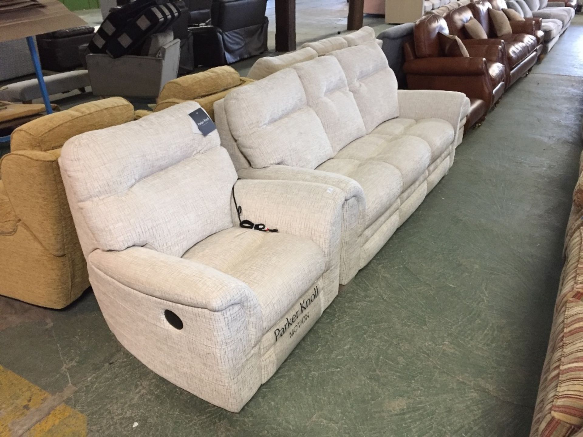 NATURAL HIGHBACK 3 SEATER SOFA AND ELECTRIC RECLIN