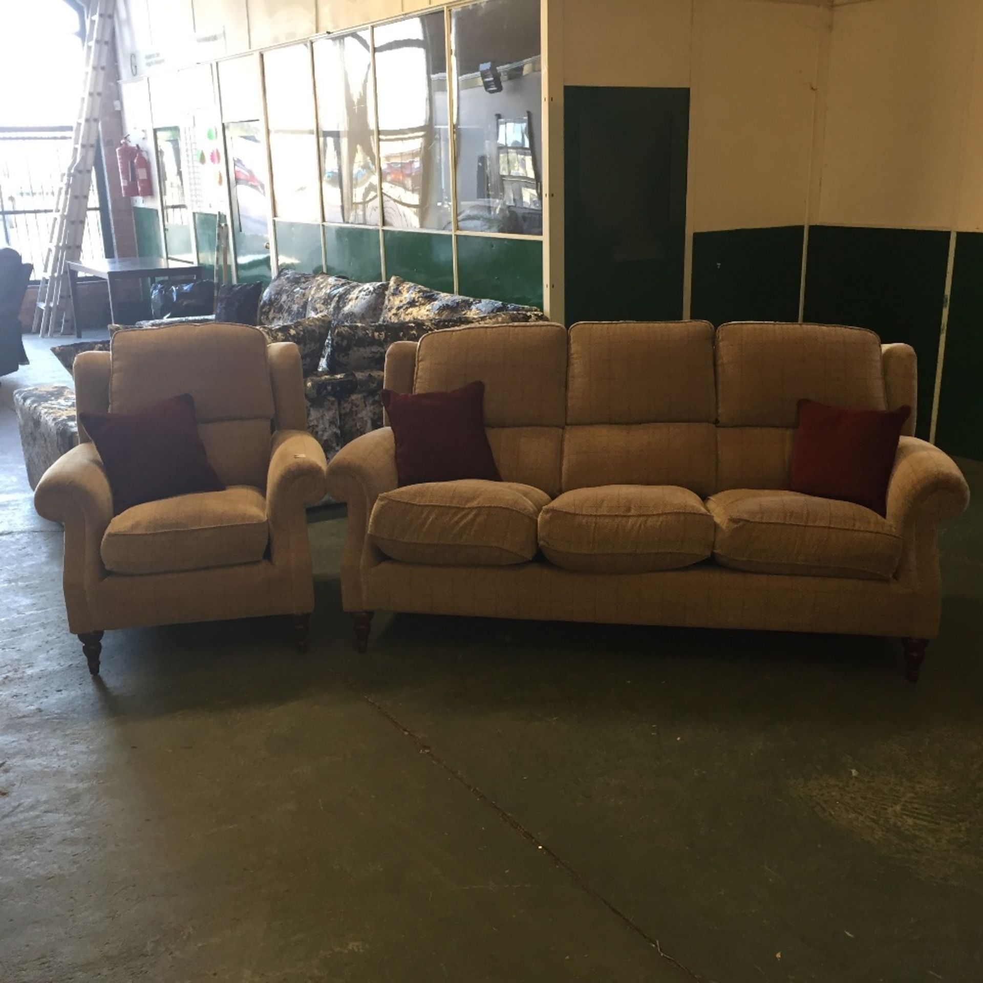 GOLDEN CHECKERED 3 SEATER SOFA AND CHAIR