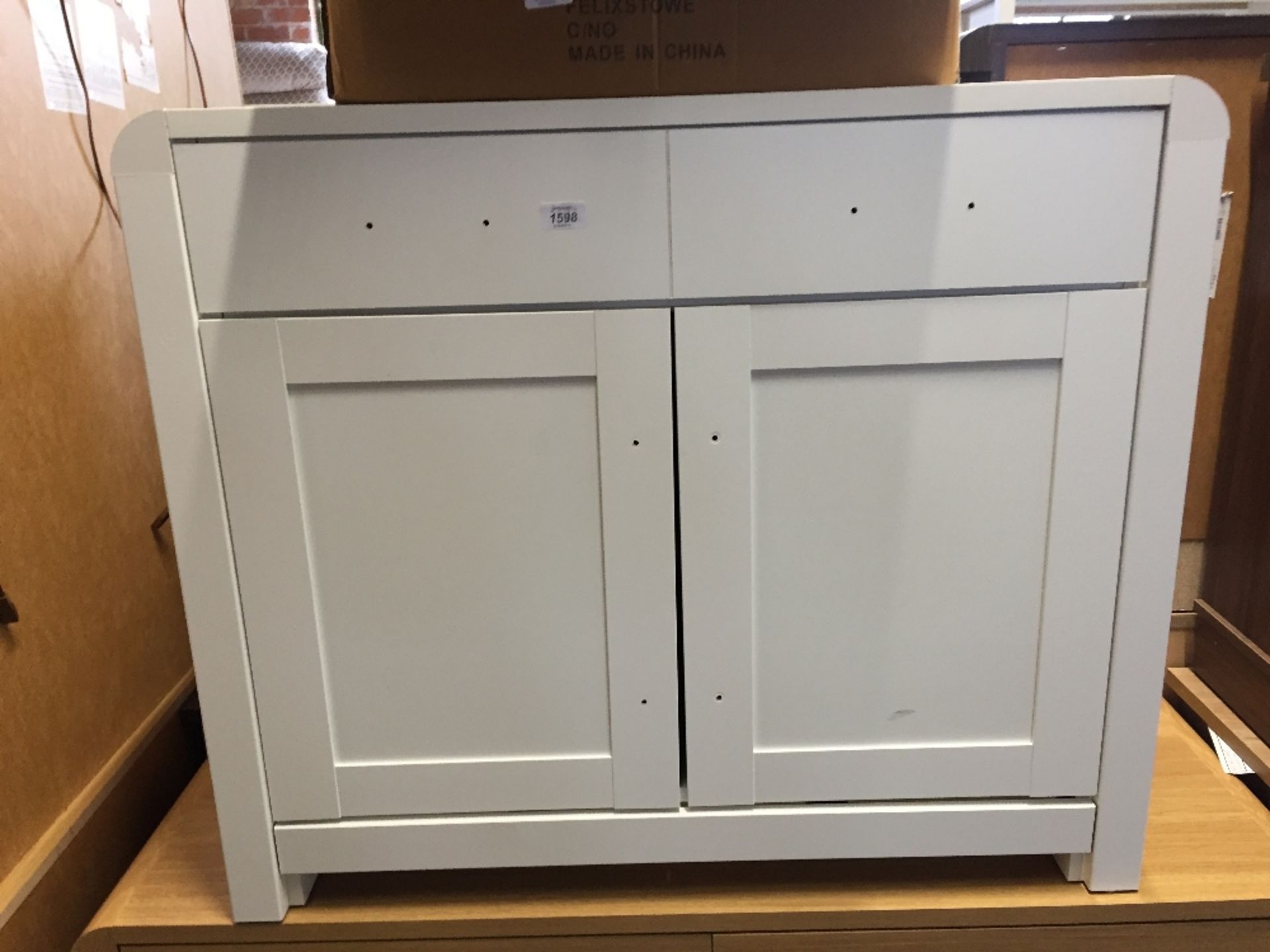 WHITE 2 DOOR SIDEBOARD (return no handles)