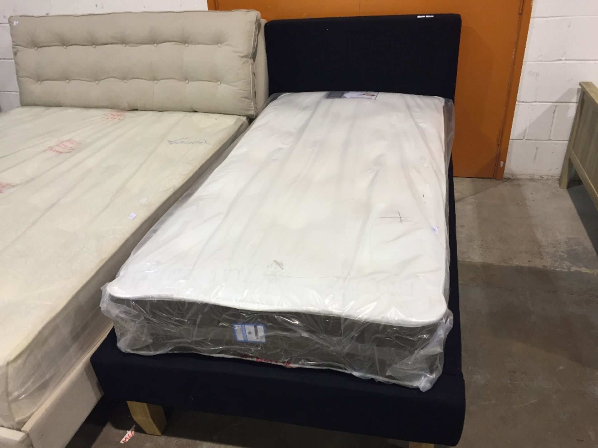 BLACK FABRIC SINGLE BED FRAME (boxed may be imcomp