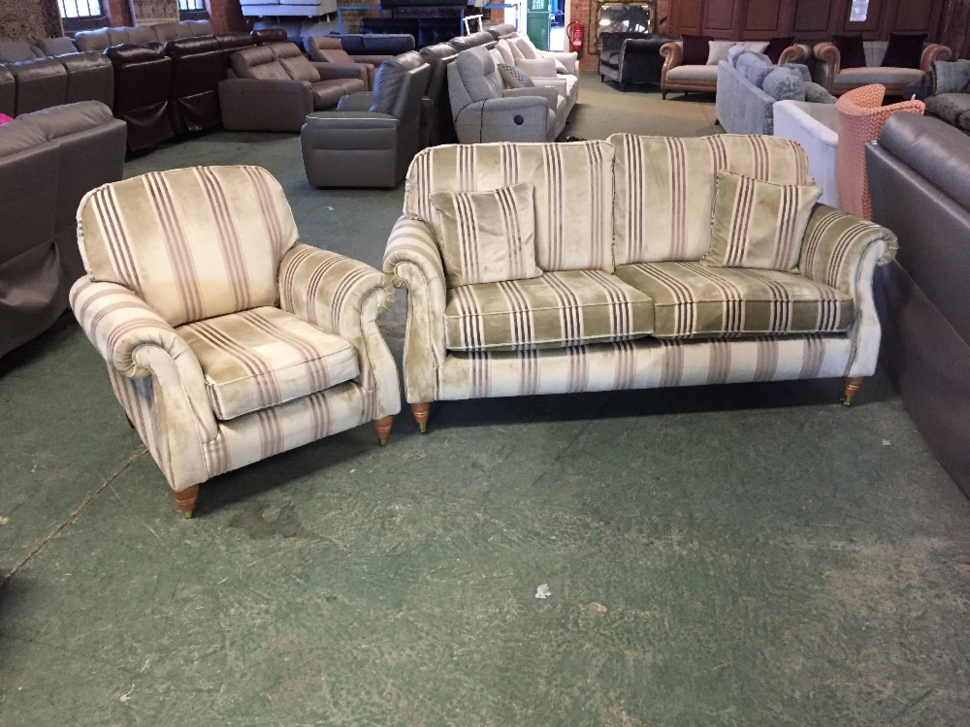 GREEN STRIPED HIGH BACK 3 SEATER SOFA AND CHAIR (m