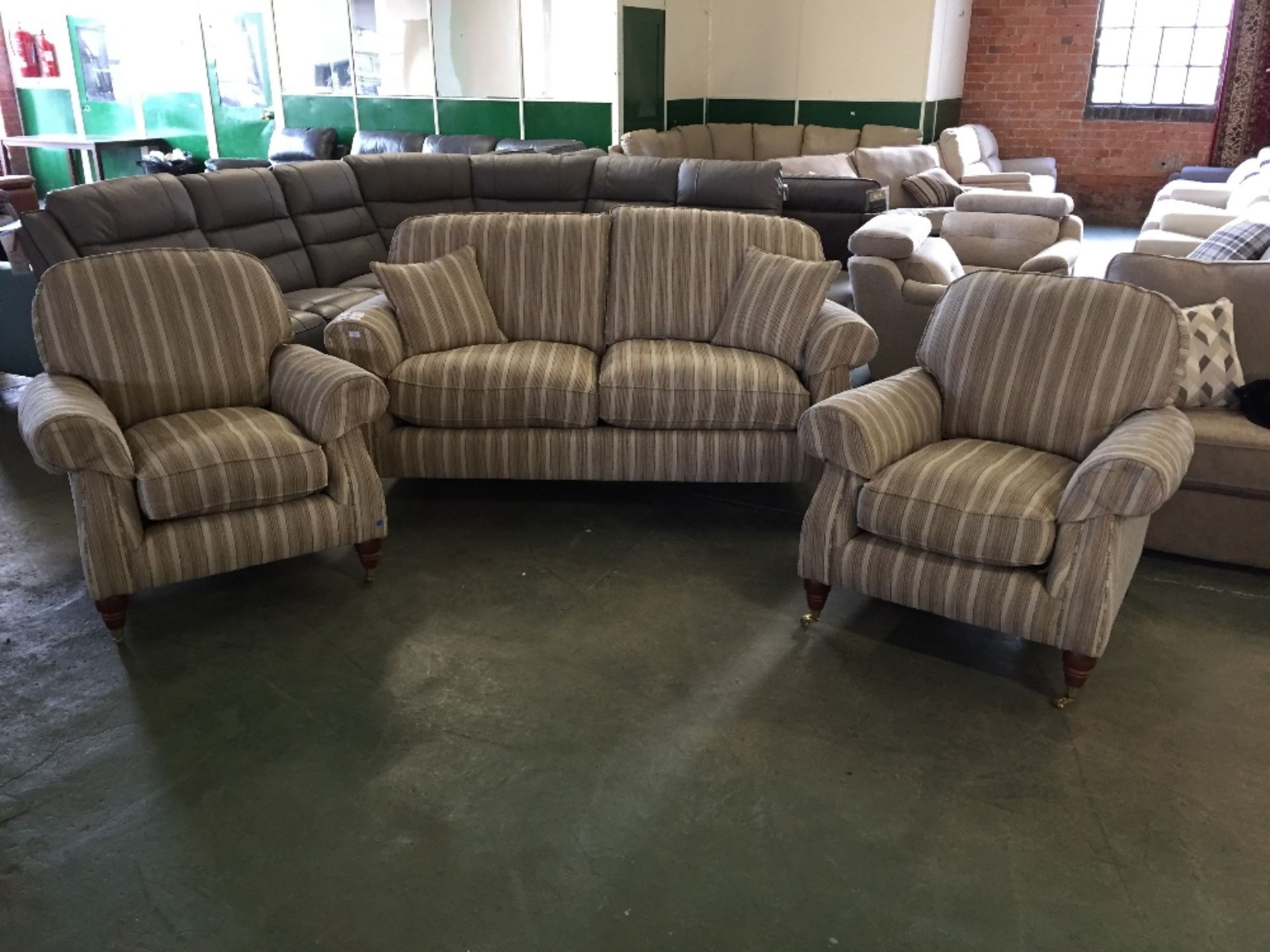 YELLOW AND GOLD STRIPED 3 SEATER SOFA AND 2 CHAIRS