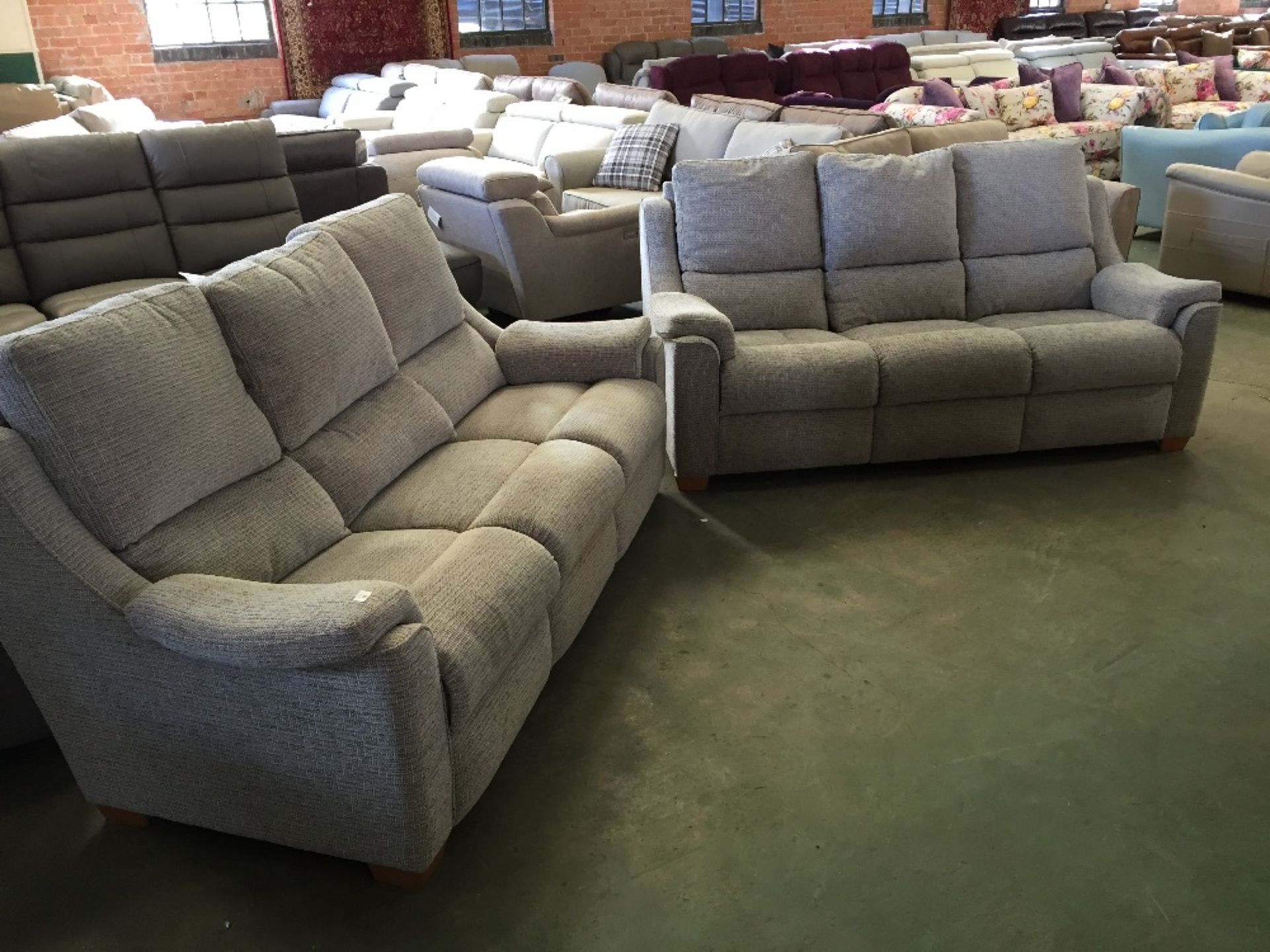 2 X GREY FABRIC HIGH BACK 3 SEATER SOFAS (TROO1132