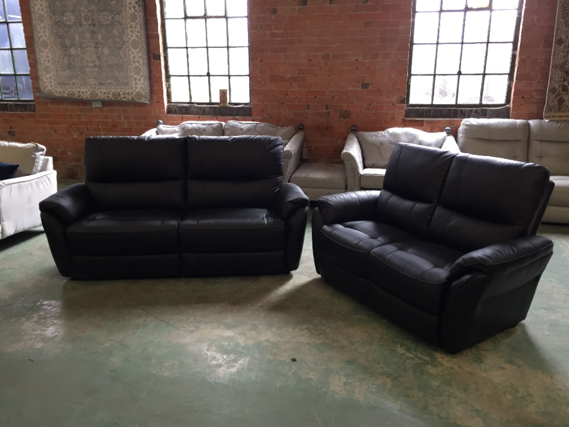 BLACK LEATHER MANUAL RECLINING 3 SEATER SOFA AND F