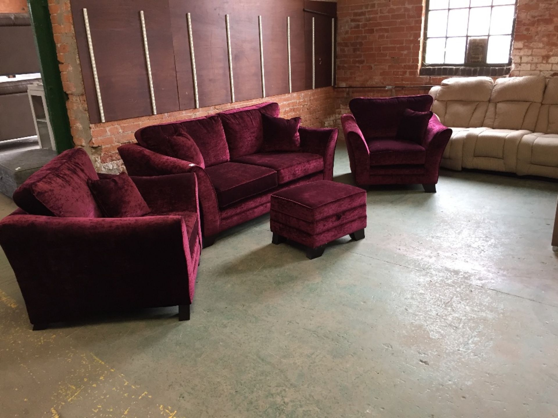 CRIMSON 3 SEATER SOFA 2 X CHAIRS AND STORAGE FOOTS