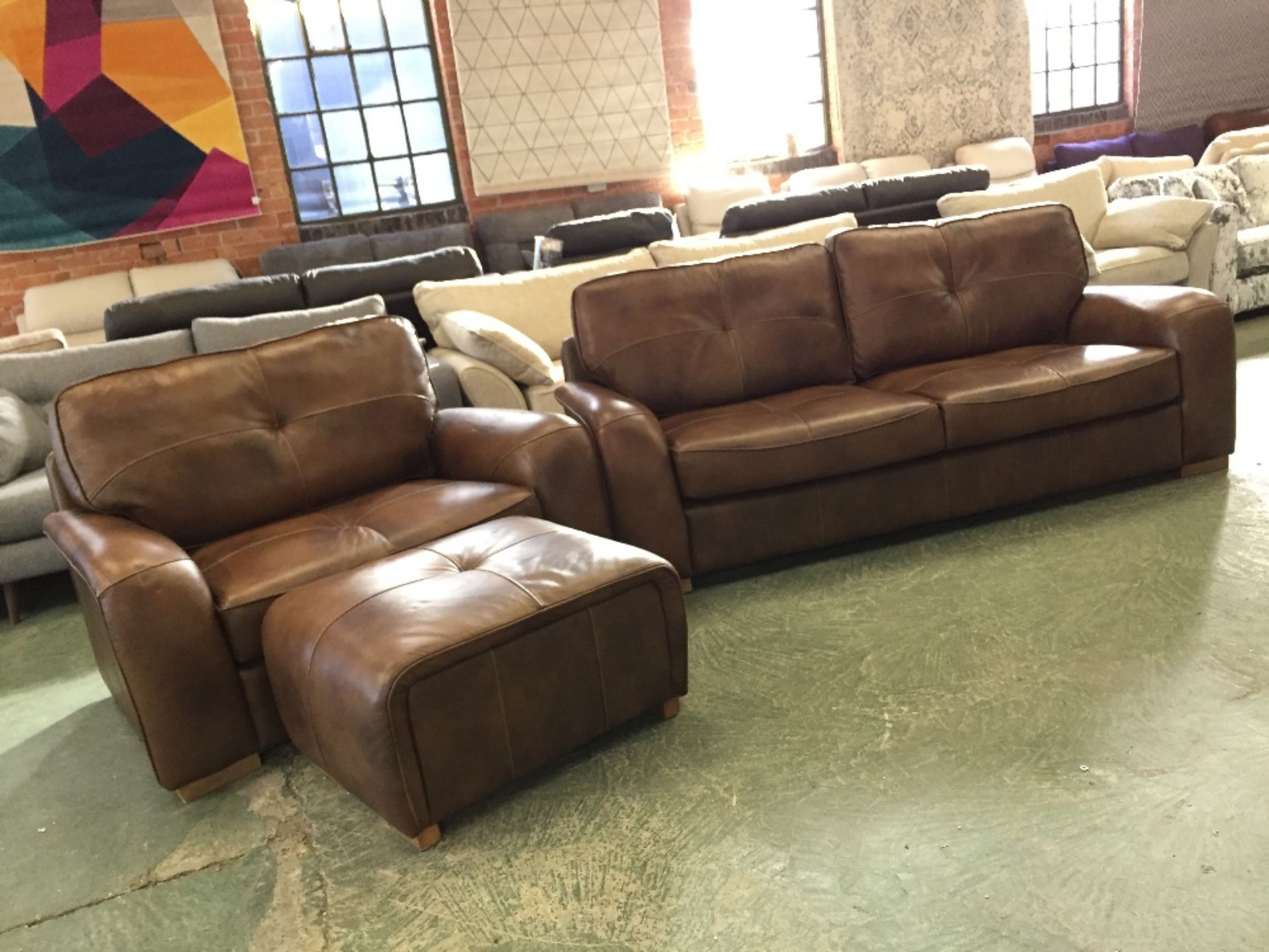 BROWN LEATHER 3 SEATER SOFA SNUG CHAIR AND FOOTSTO