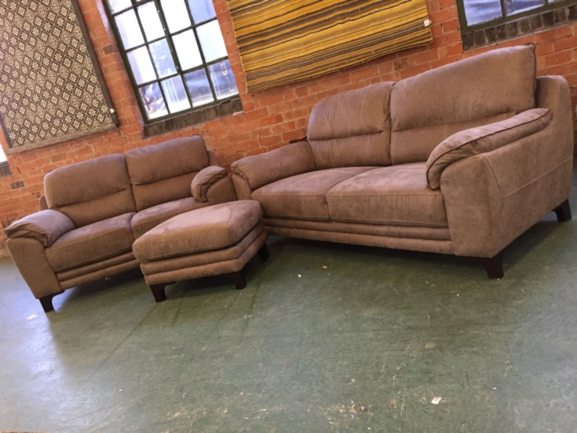 BROWN SADDLE 3 SEATER SOFA 2 SEATER SOFA AND FOOTS