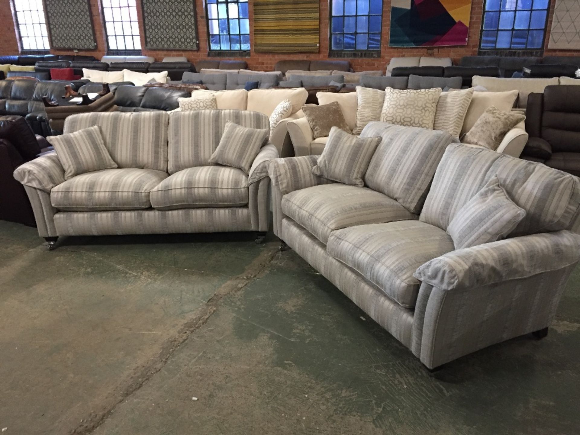 SILVER STRIPED 2 X 2 AND A HALF SEATER SOFAS (TROO