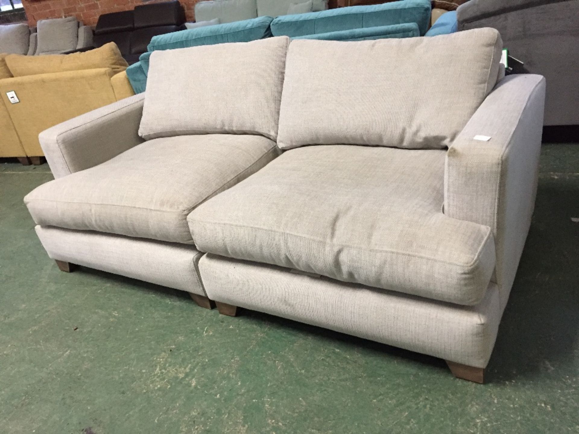 LOLA GREY SPLIT 2 SEATER SOFA (MARKED AND DIRTY )