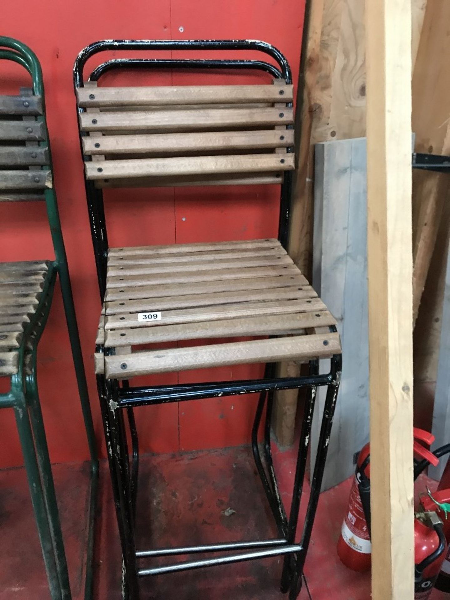 2 x vintage style high back stools with metal frame and wood slated