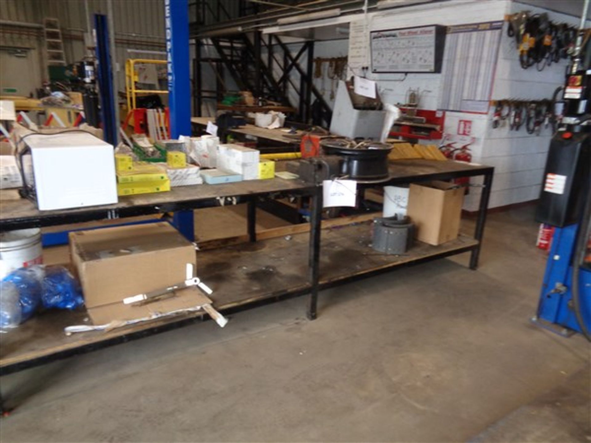 12' x 3' steel workbench with engineers vice