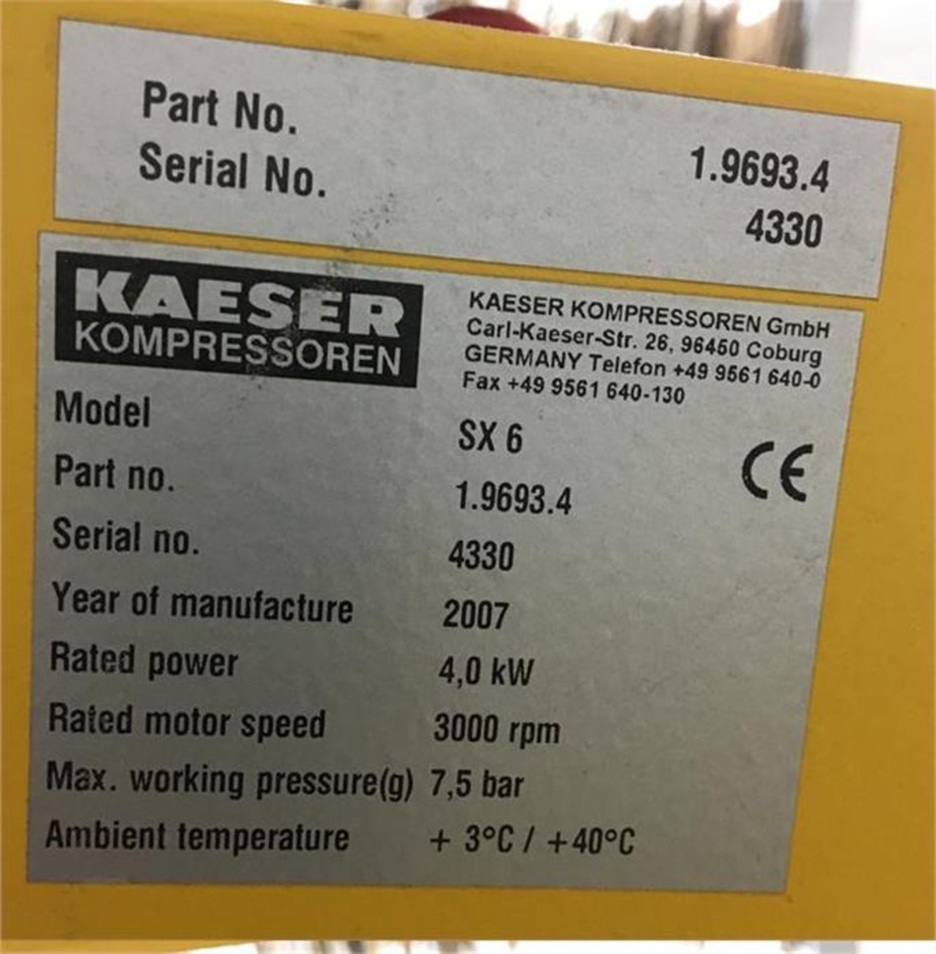 Kaeser SX6 rotary screw air compressor complete with Kaeser TAH6 dryer, Serial Number: 4330 Year: - Image 4 of 5