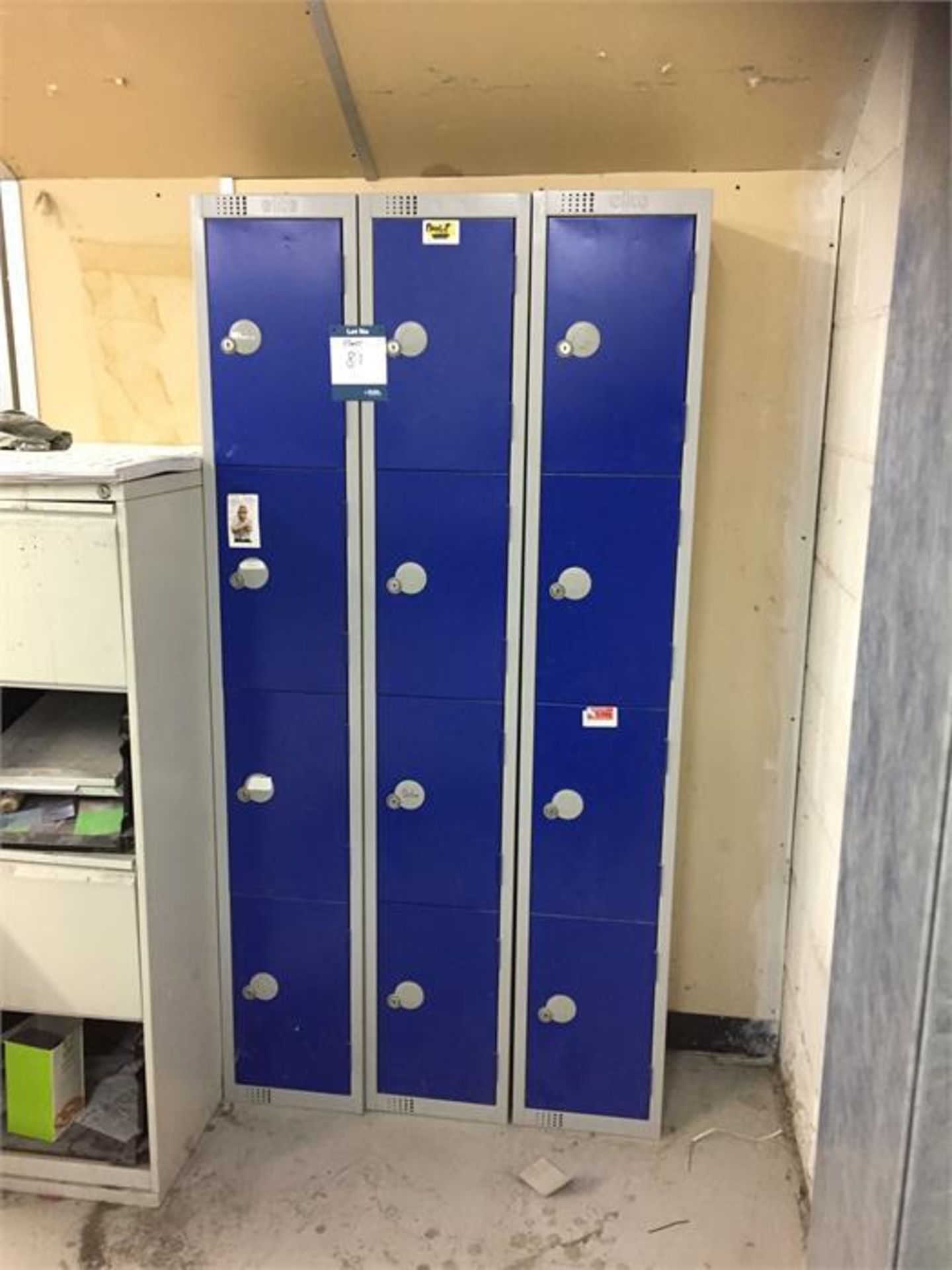 Four Grey steel 2 door cabinets, three drawer pedestal cabinet and three 4 section personal