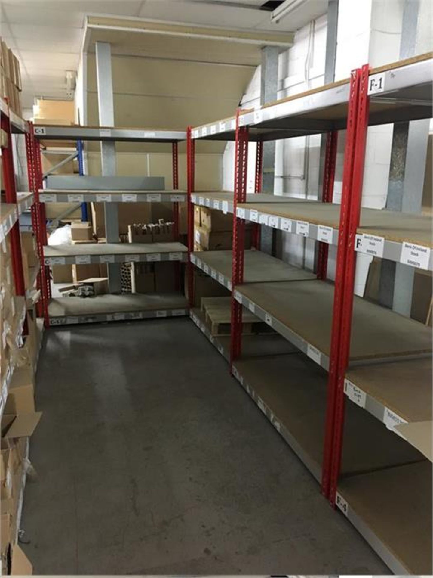 Nine bays of boltless stores racking, various (NB: excludes contents)