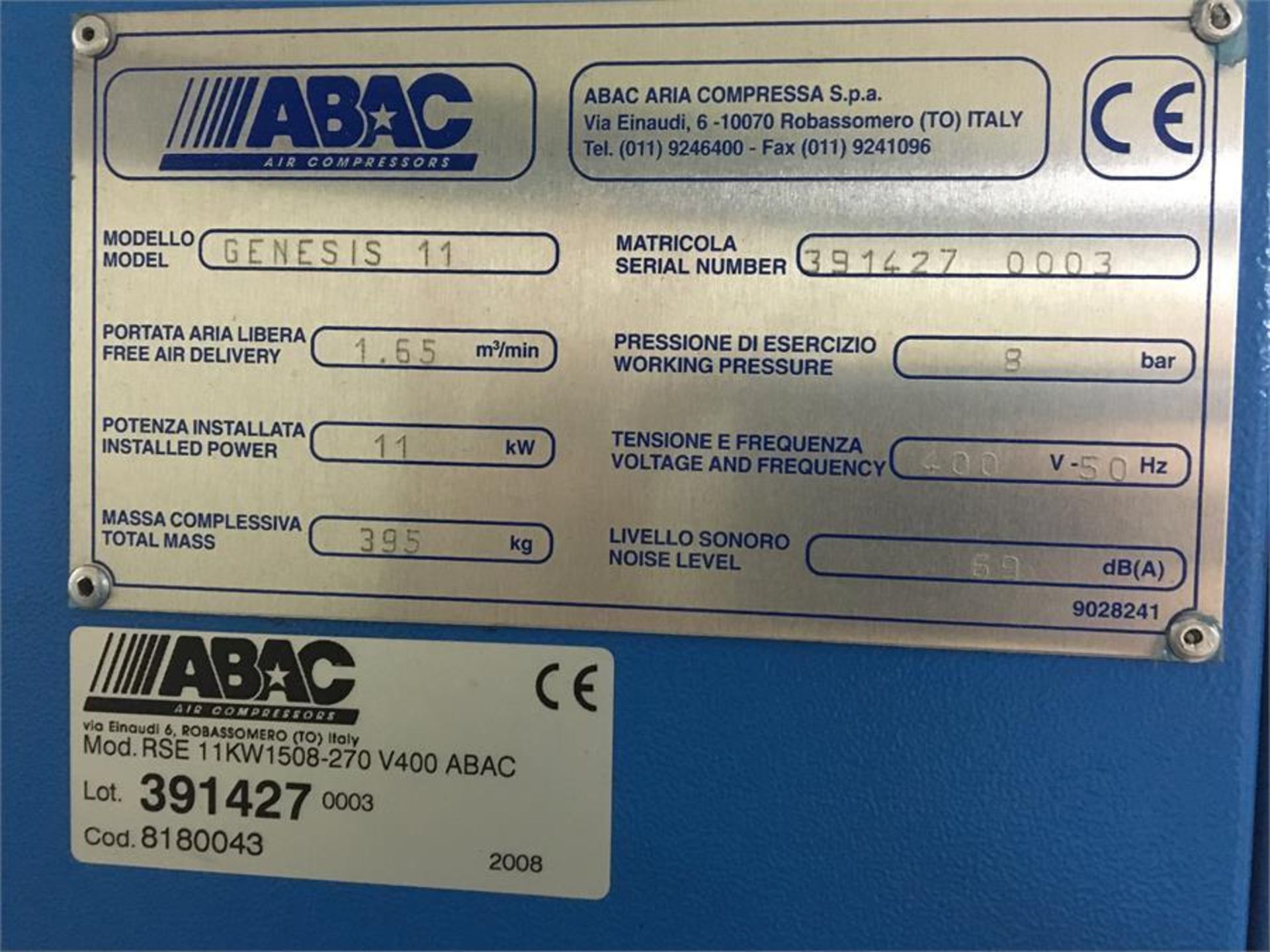 ABAC Genesis 1108 rotary screw air compressor with integrated refrigerant dryer, Model: Genesis - Image 2 of 3