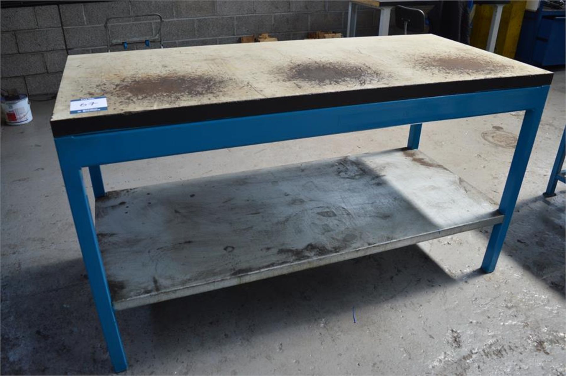 2 x steel workbenches with shelves, both 80cm x 180cm x 100cm (h)