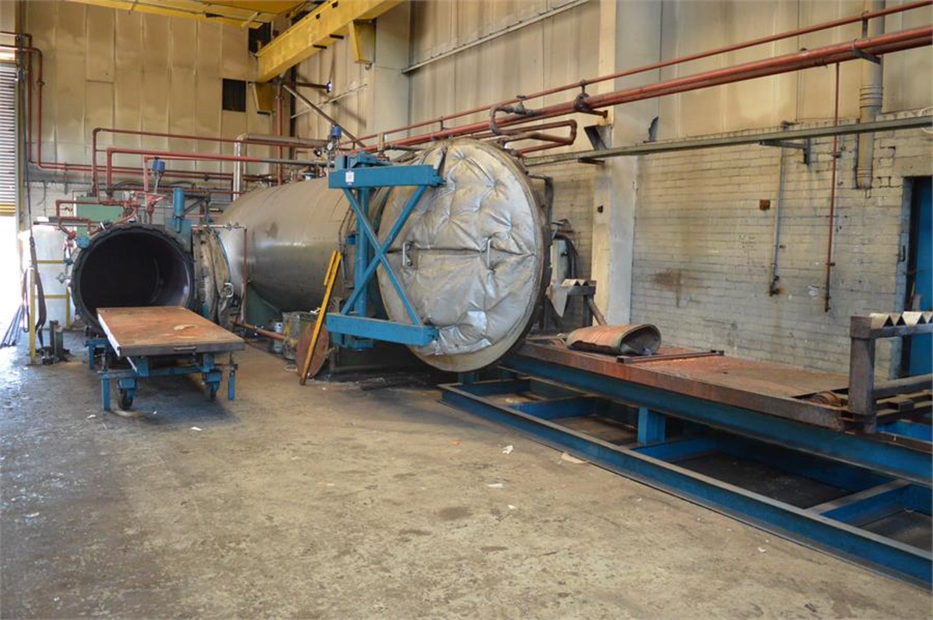 2 x Unbadged mild steel Autoclaves, steam heated, 1800 x 5500mm and 1200 x 3000mm with Bradlee