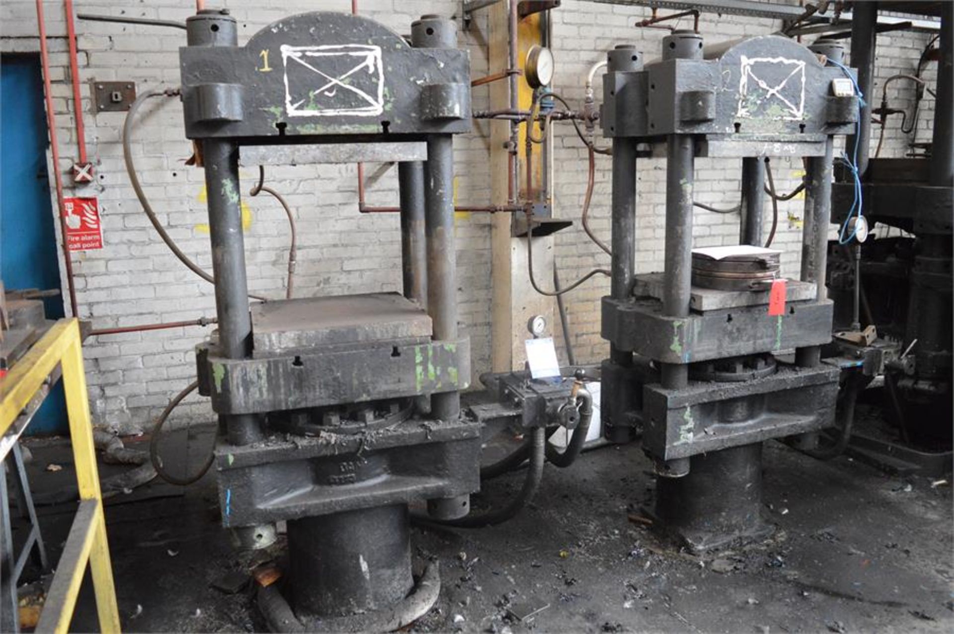 2 x Unbadged hydraulic upstroke platen presses, 20" x 20" steam heated platens with hydraulic