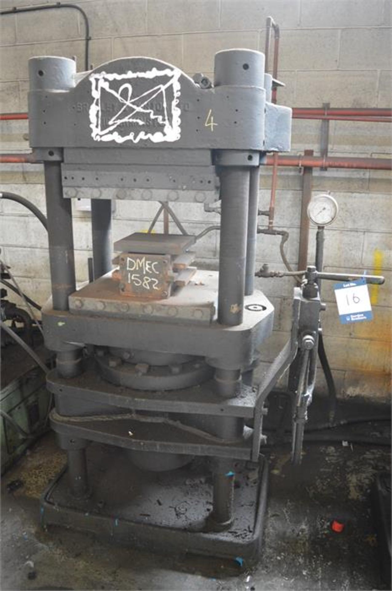 Bradley & Turton, hydraulic upstroke platen press, 20" x 20" steam heated platen, Capacity: 100