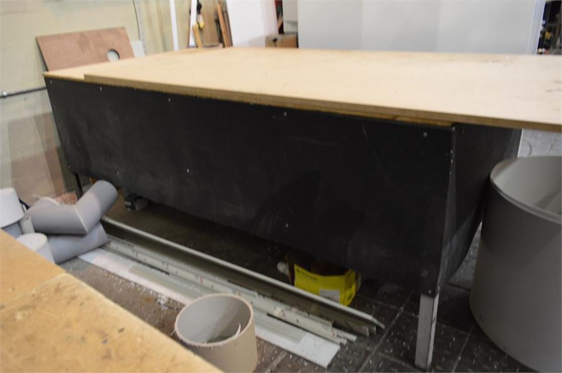Steel framed wooden topped fabricated workbench, 2.92m x 1.22m x 1.02m (H), (contents not included)